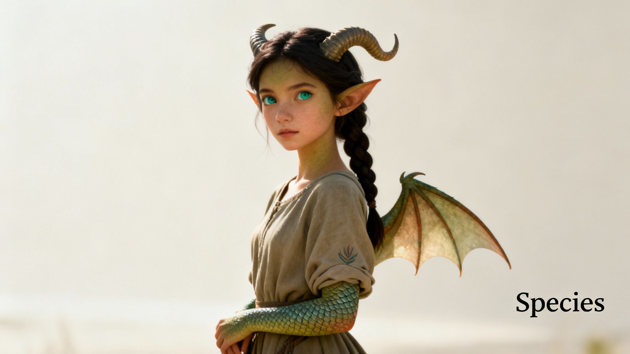 A young fantasy creature girl with horns, pointed ears, dragon wings, and scaled arms, looking forward.