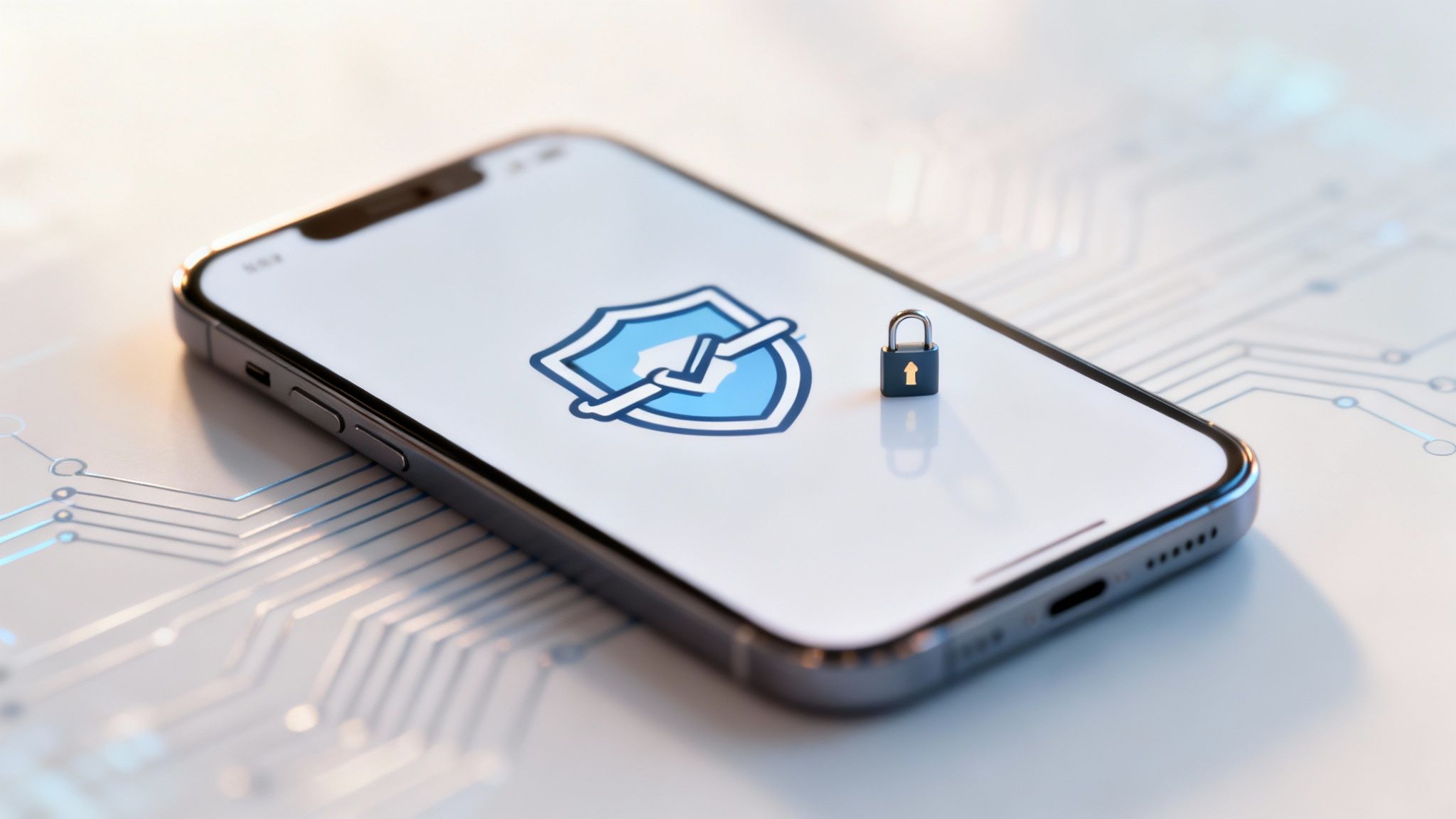 A smartphone displays a security shield and padlock, representing mobile data protection and cybersecurity.