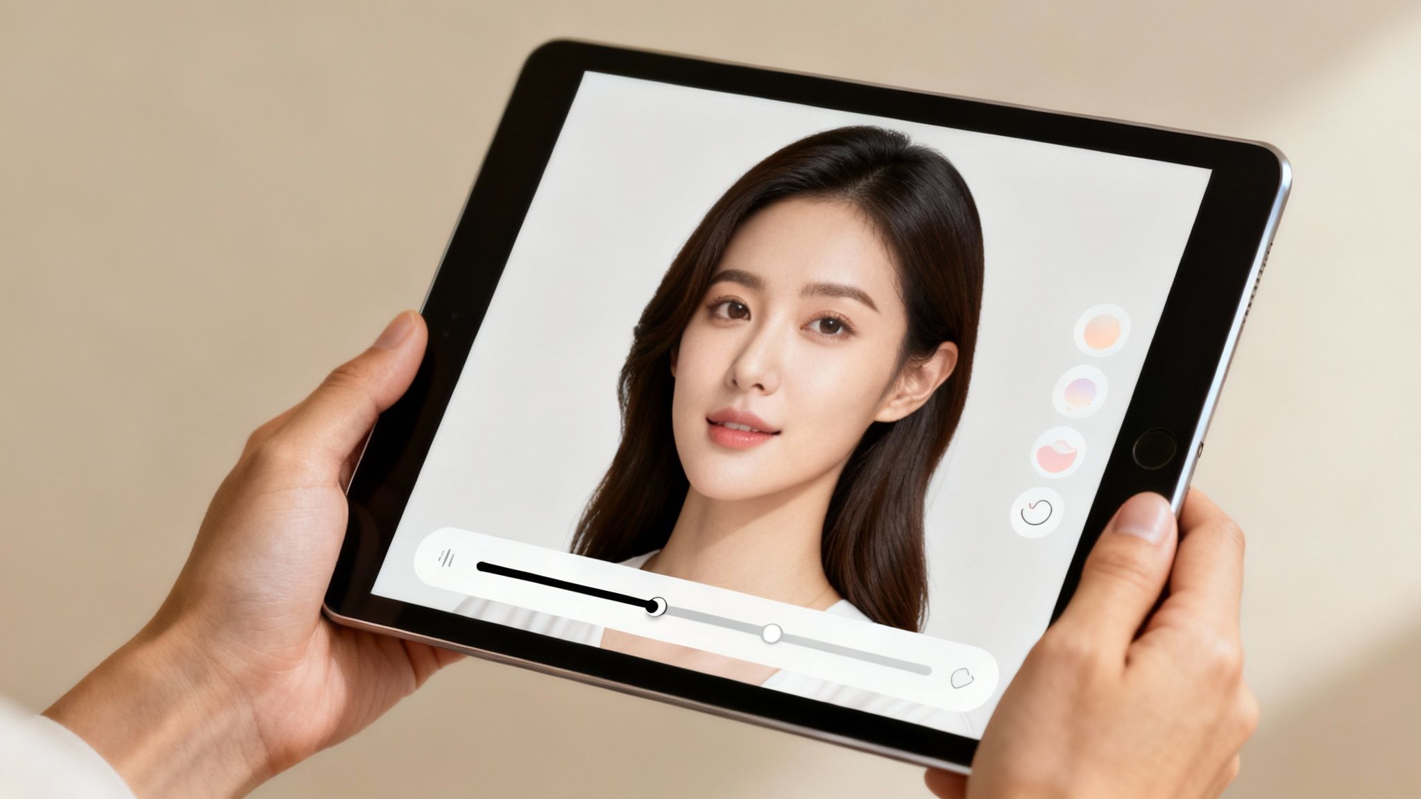 Hands hold a tablet showing a beautiful woman's face and virtual beauty app interface.