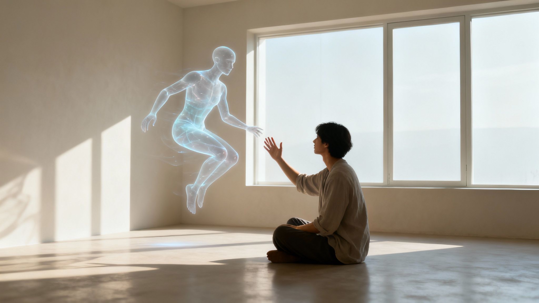 A person interacting with an abstract, glowing interface representing AI chat.