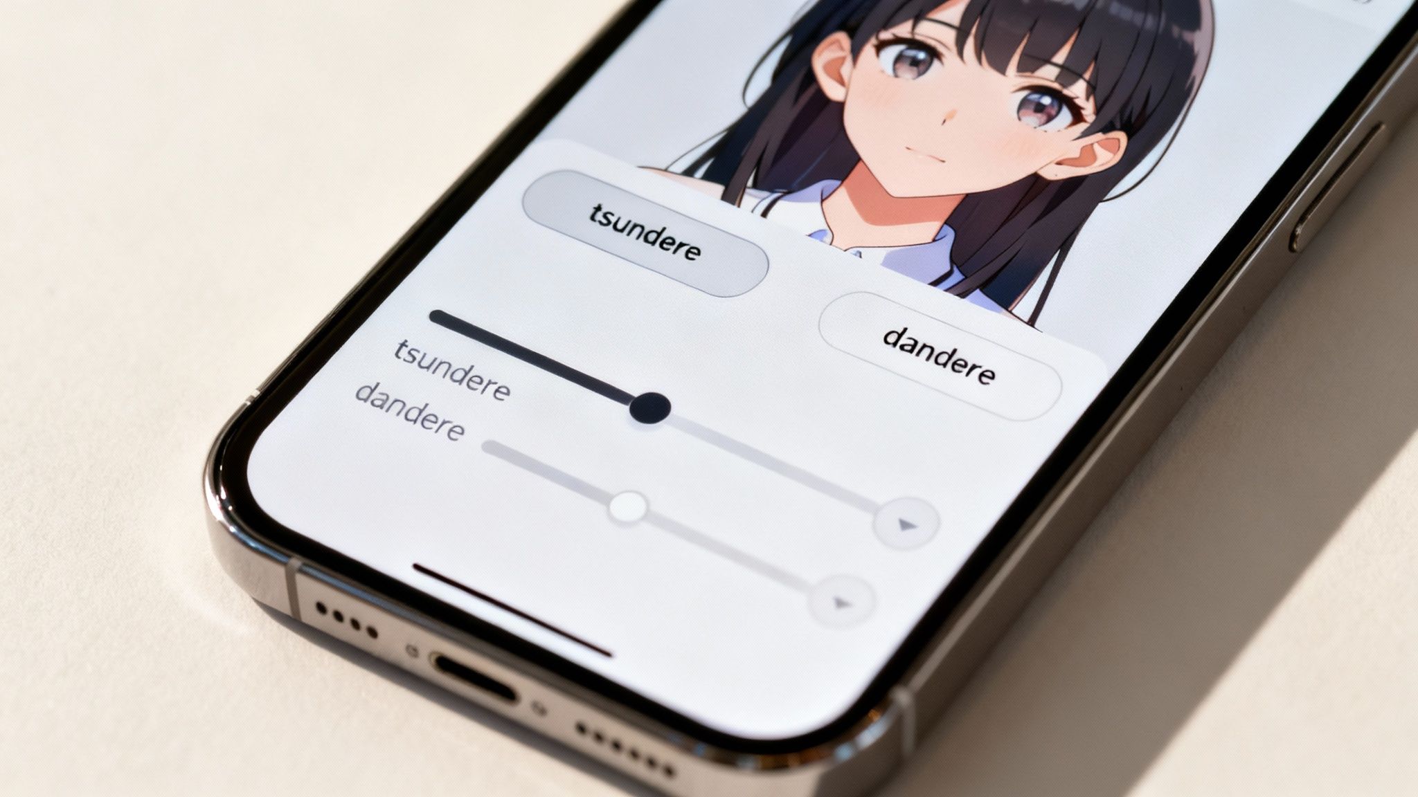 Close-up of a smartphone displaying an anime character with 'tsundere' and 'dandere' trait sliders.