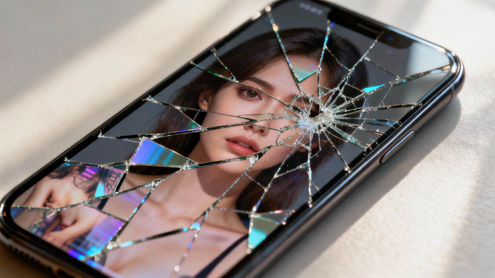 A split image showing a woman's face on one side and a fragmented digital version on the other, symbolizing a stolen identity.
