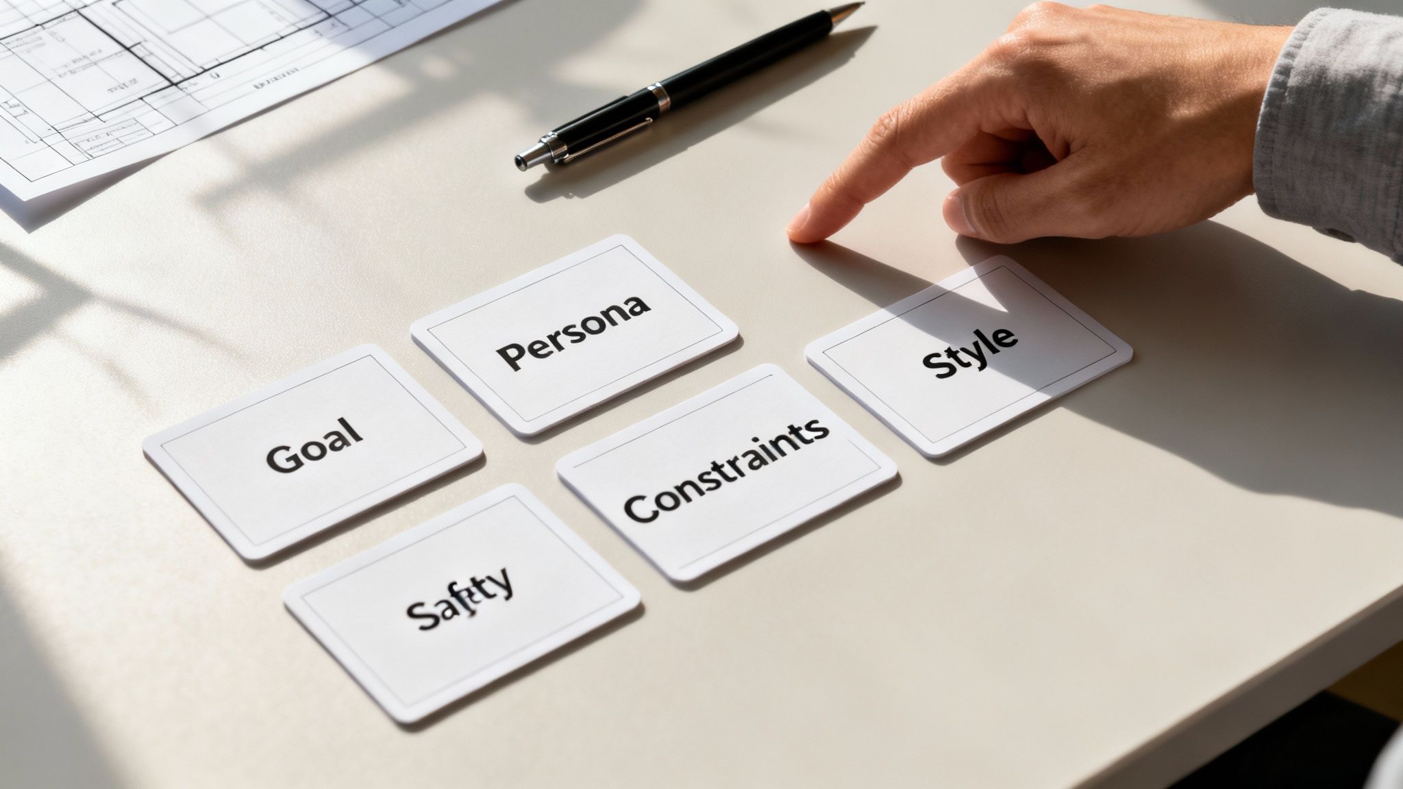 A hand points to a 'Persona' card among 'Goal', 'Constraints', 'Style', and 'Safety' cards for project planning.