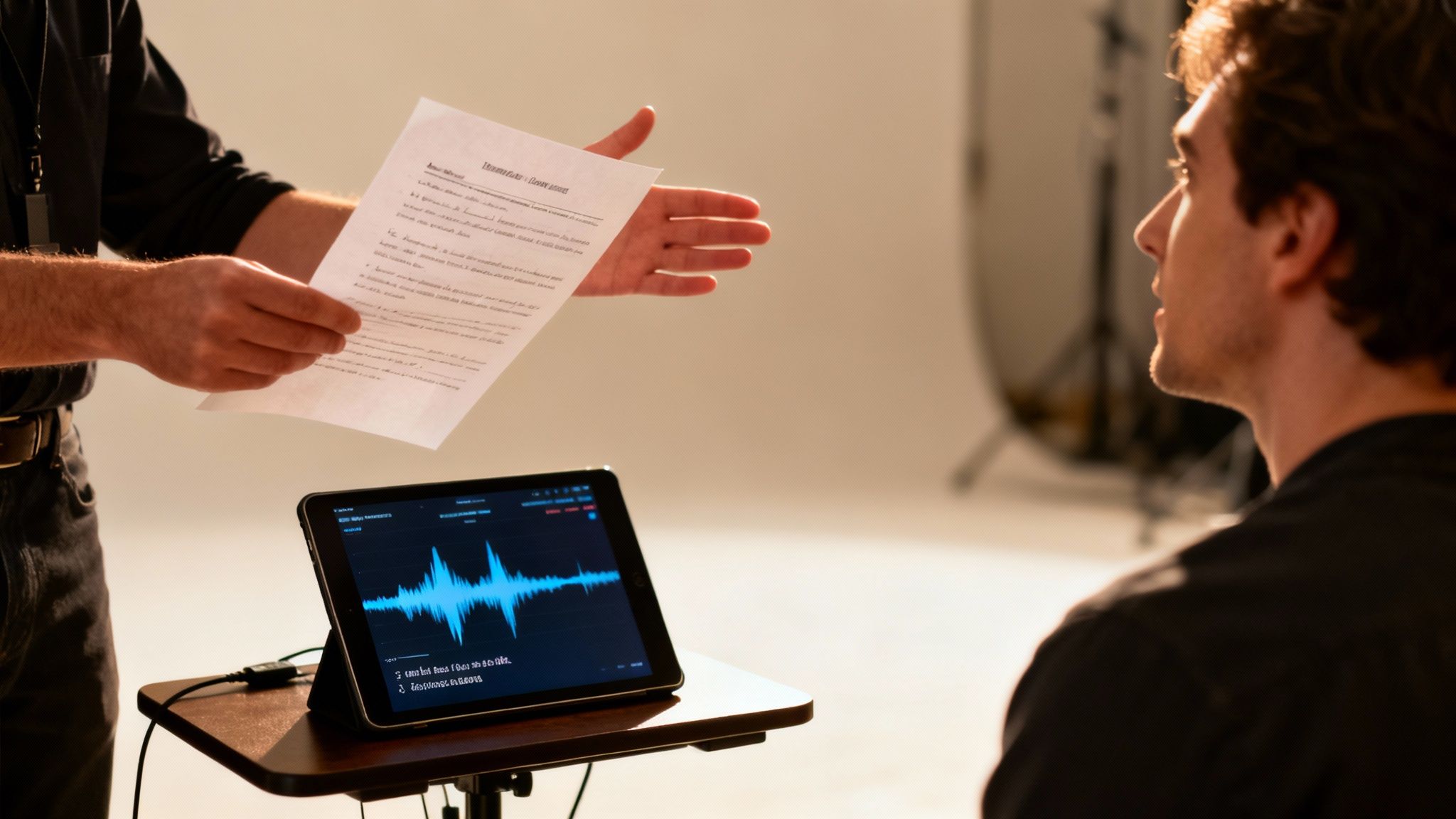 Two men collaborate in a studio, one holding a script, the other observing a tablet displaying a sound wave.