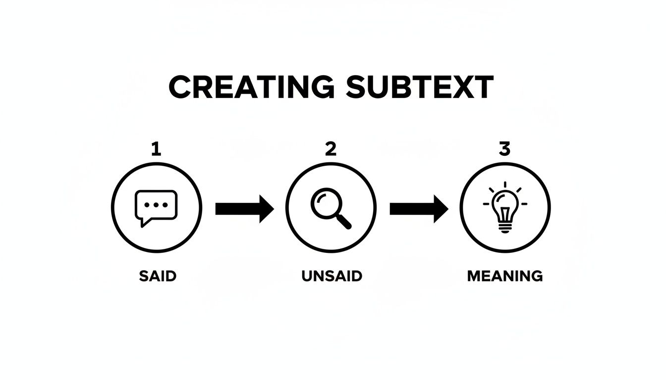 Diagram titled 'Creating Subtext' shows 'Said' (speech bubble) leading to 'Unsaid' (magnifying glass), then to 'Meaning' (lightbulb).
