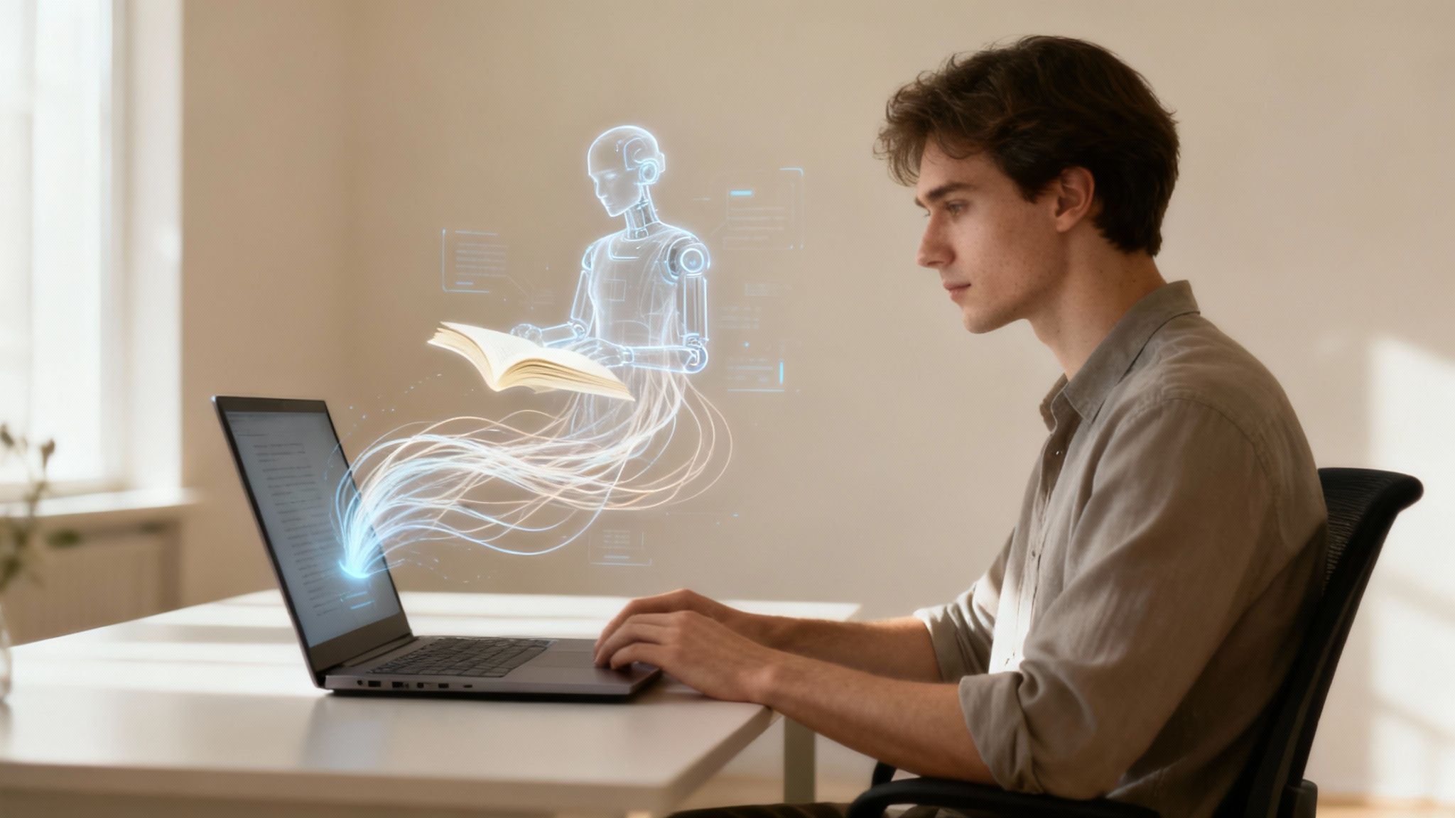 Young man uses laptop while a holographic AI robot reads a book, symbolizing digital learning.