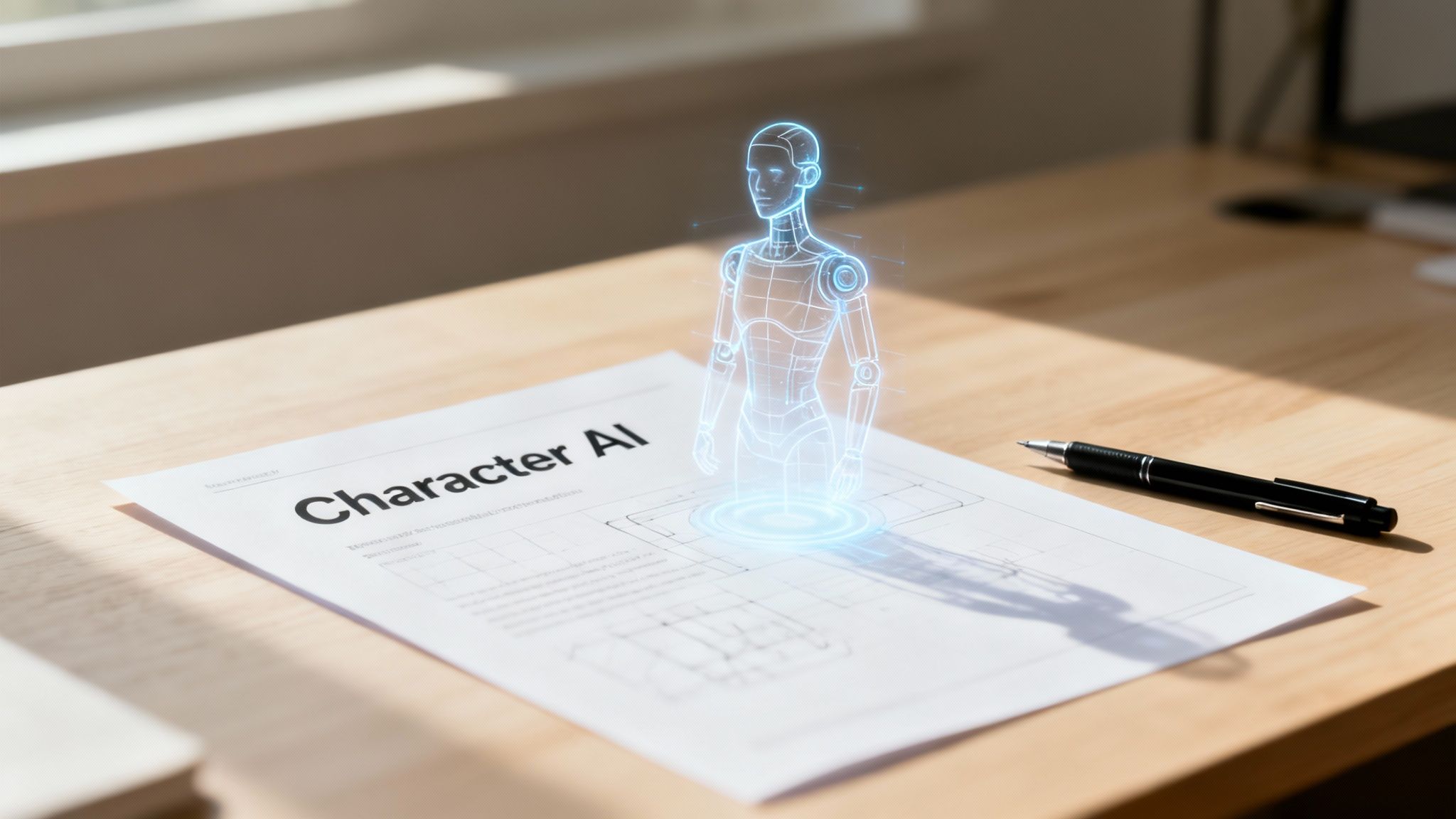 An AI character with glowing circuits, representing the digital soul created from a template.