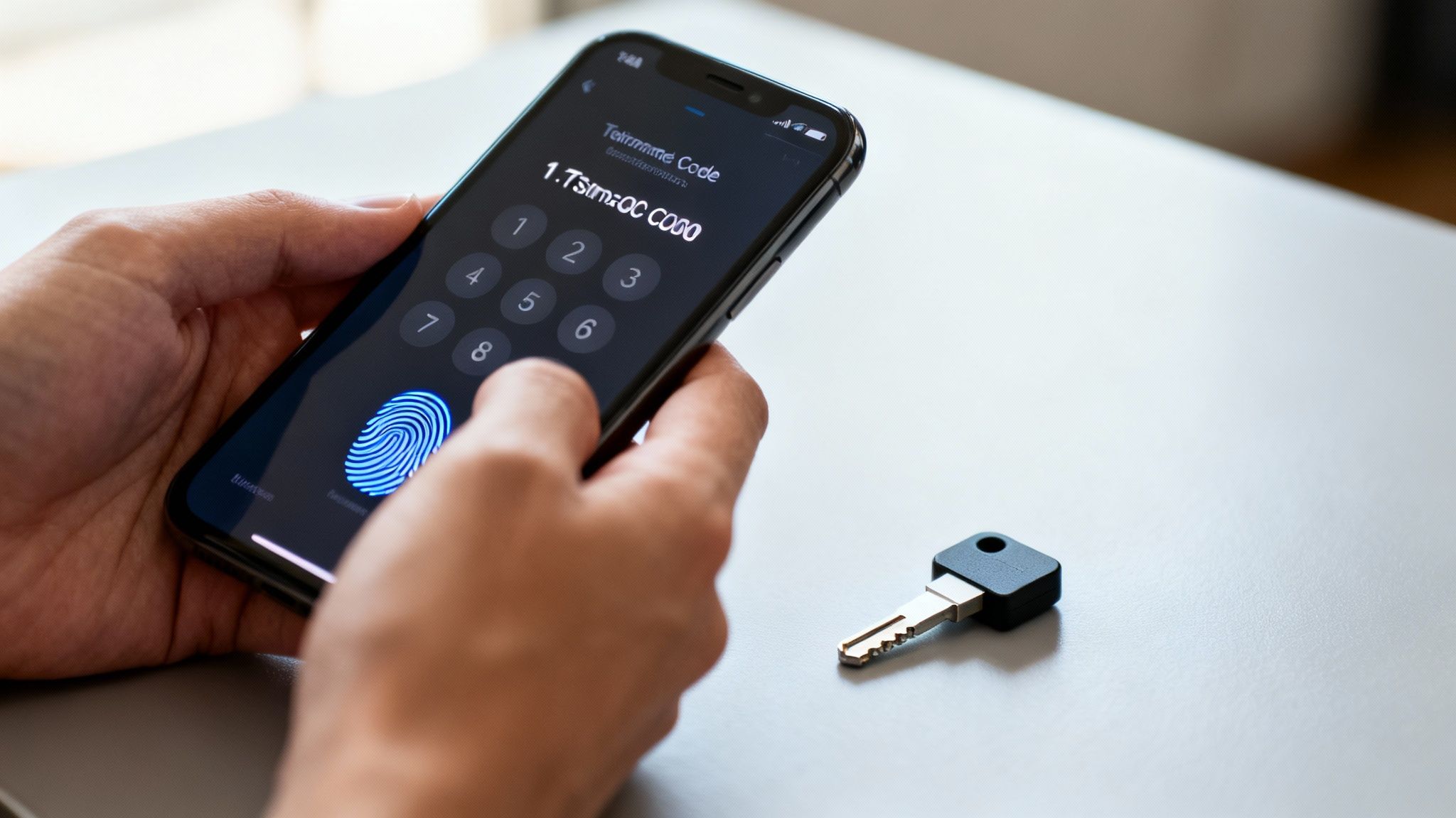 Hands hold a smartphone displaying a biometric fingerprint scan for secure access, with a physical key beside it.
