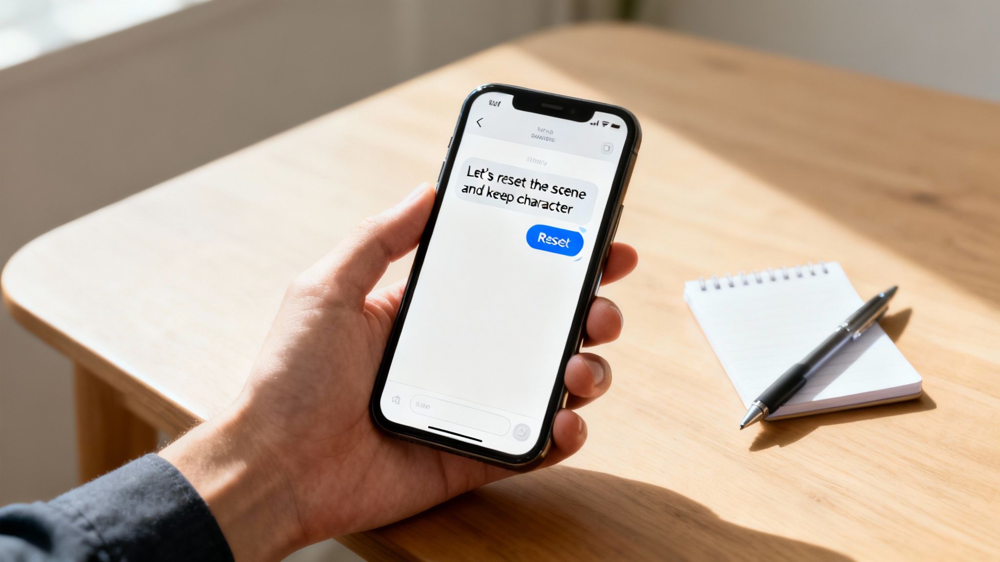 A person holds a smartphone displaying an AI chat interface with a 'Reset' button on a wooden table.