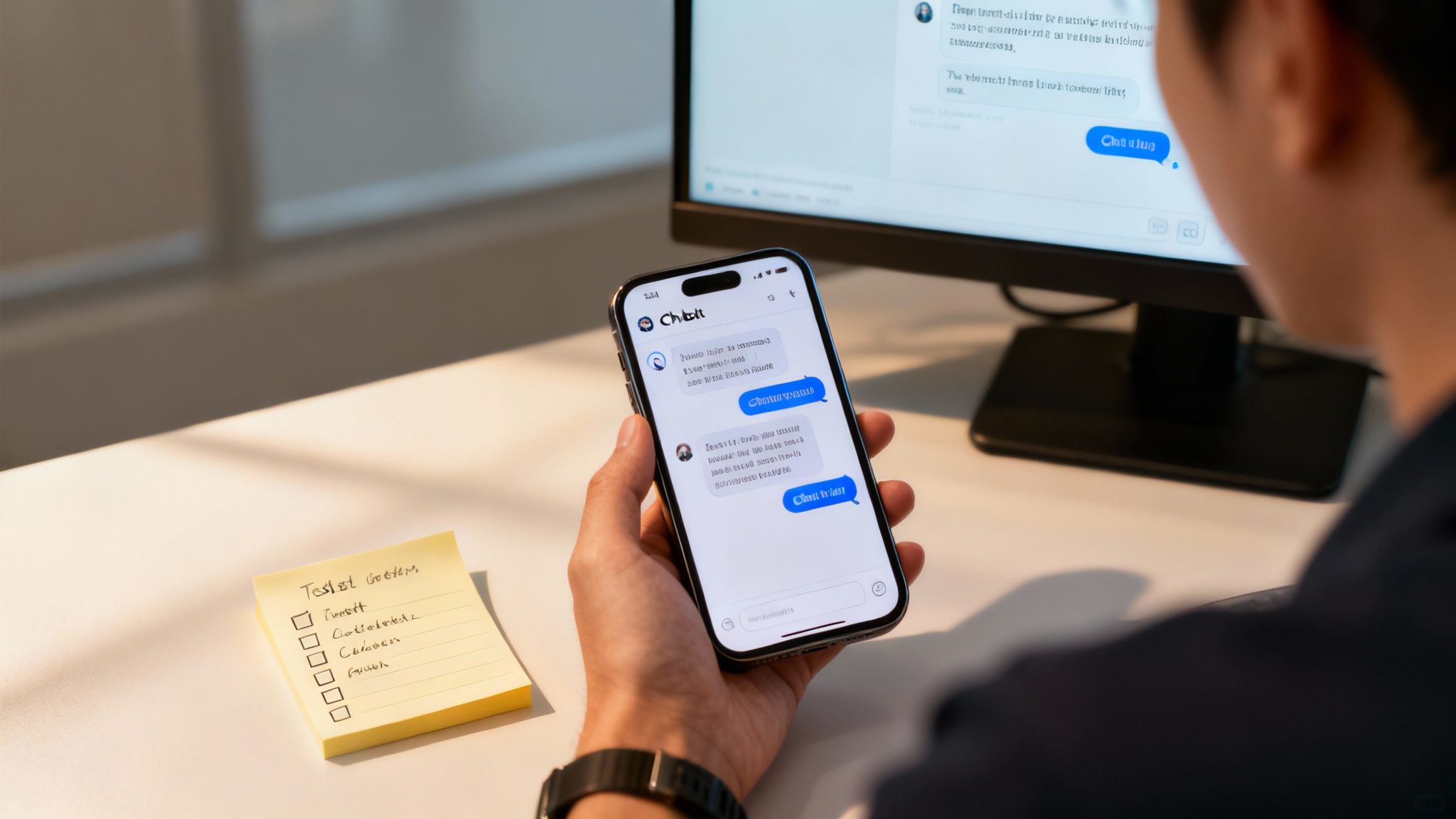 Person using a smartphone with an AI chatbot app while working at a desk with a computer.