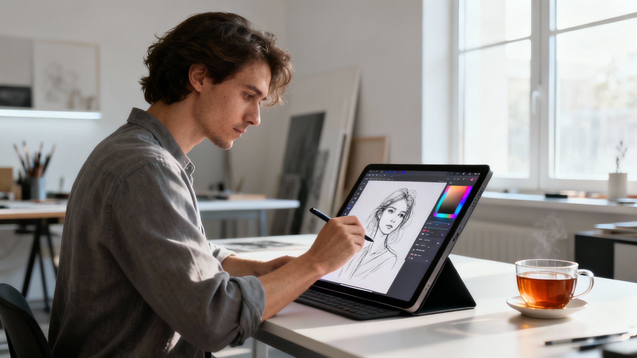 Young man digitally drawing a portrait on a tablet with a stylus in a bright studio, with a cup of tea.