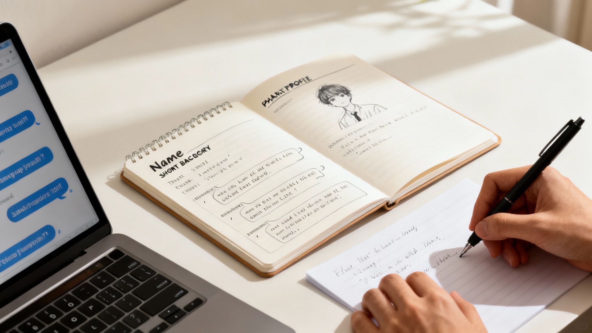 Person writing notes, next to a laptop displaying chat bubbles and a notebook with an anime character drawing.