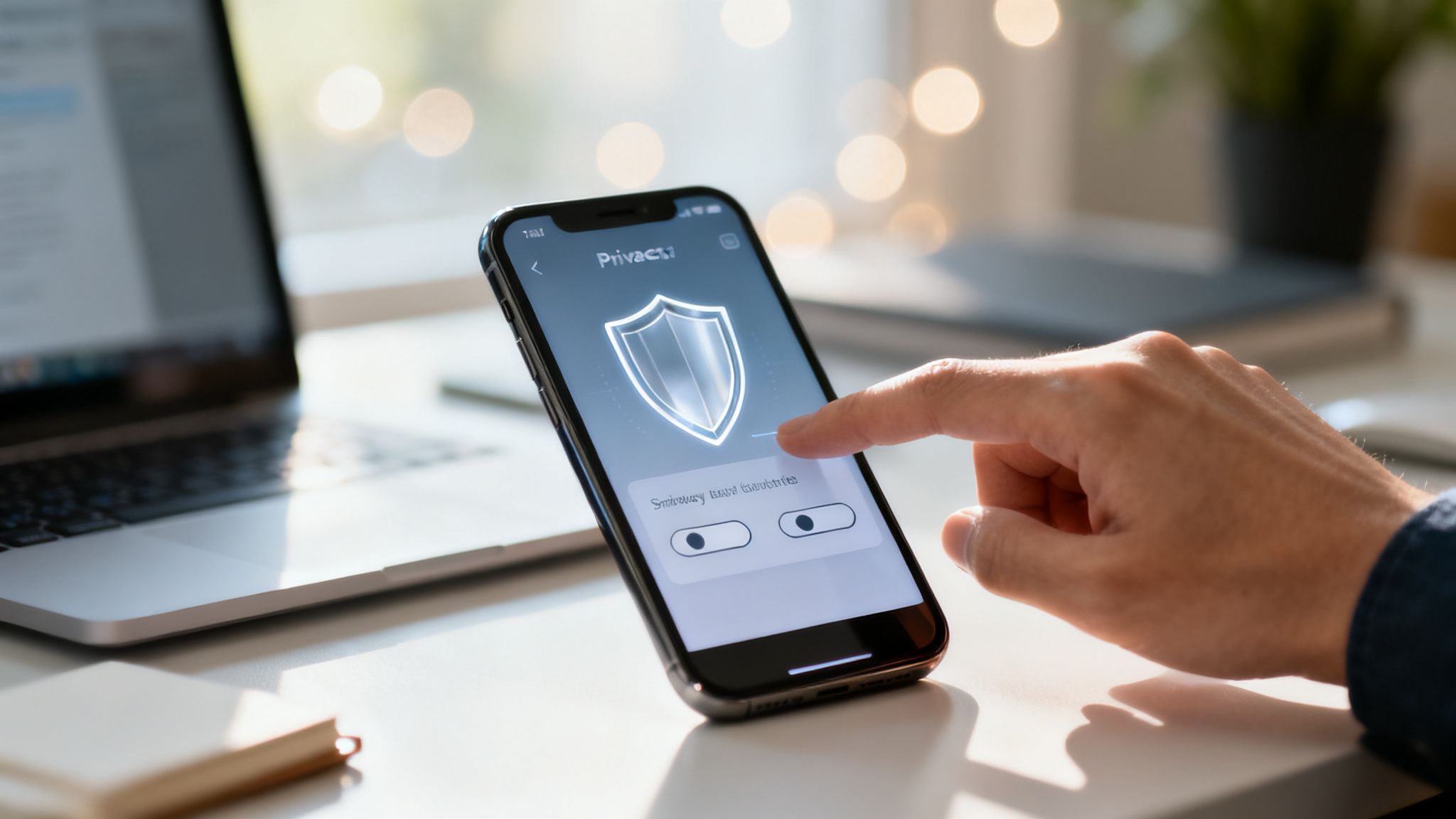 A hand taps a smartphone screen displaying a security app with a glowing shield icon, next to a laptop.