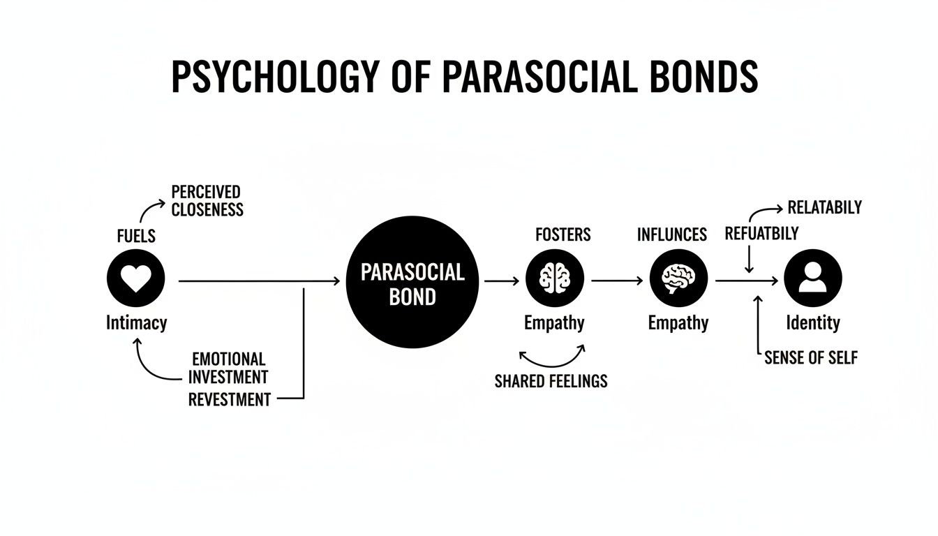 A flowchart explaining the psychology of parasocial bonds, linking intimacy to identity and empathy.