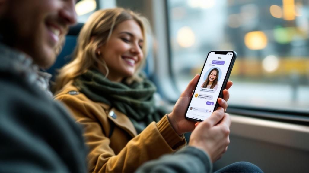 A person looking thoughtfully at their phone, with a reflection of a friendly AI companion face.