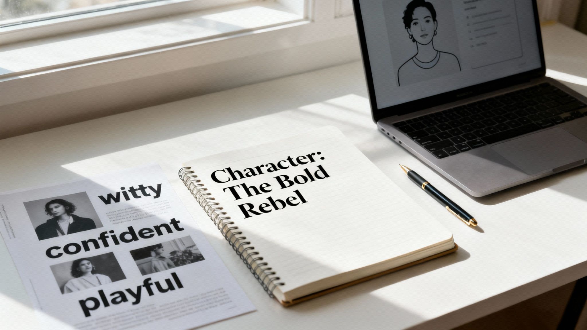 A modern workspace with a laptop, notebook titled 'The Bold Rebel', pen, and papers listing character traits.