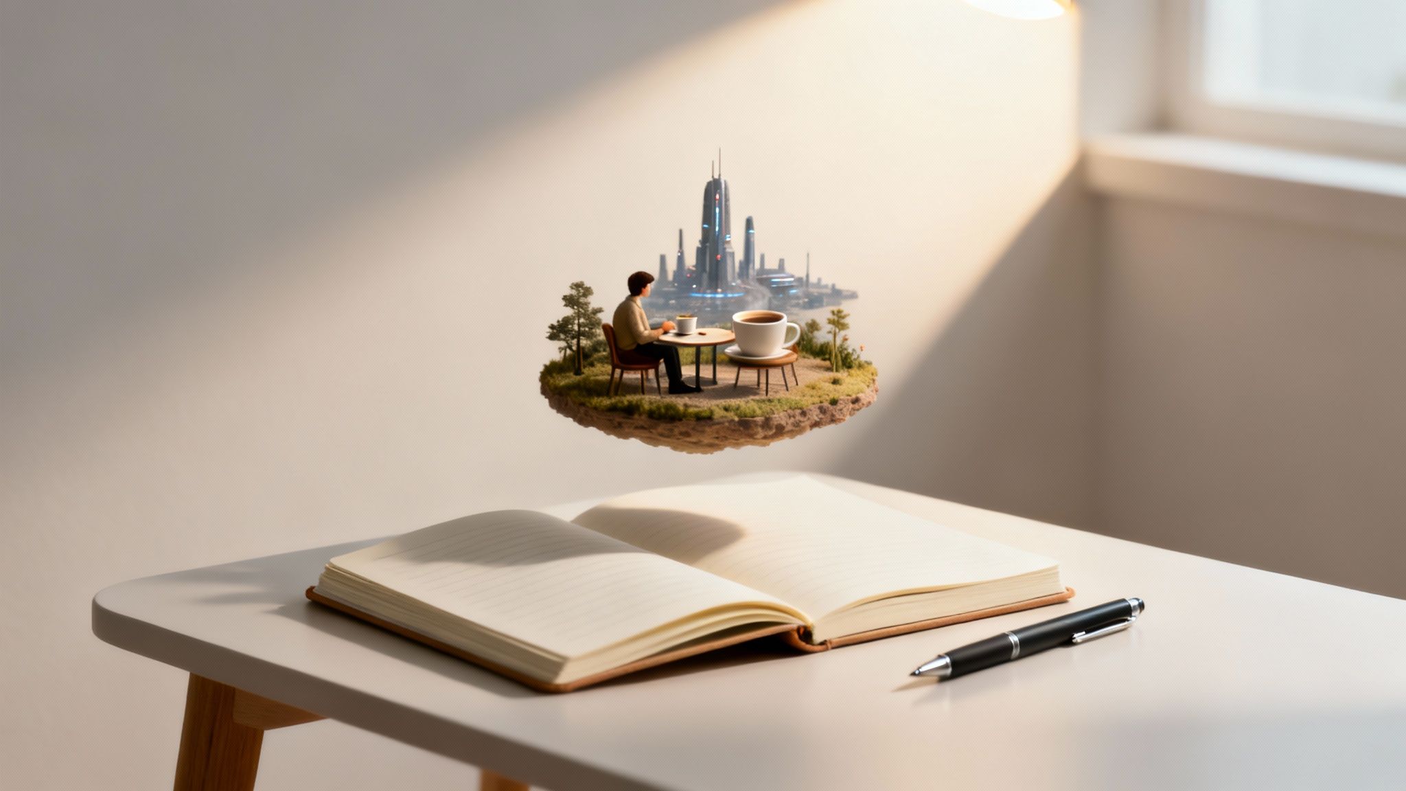 An open notebook and pen on a desk, with a floating island scene of a person, coffee, and futuristic city.