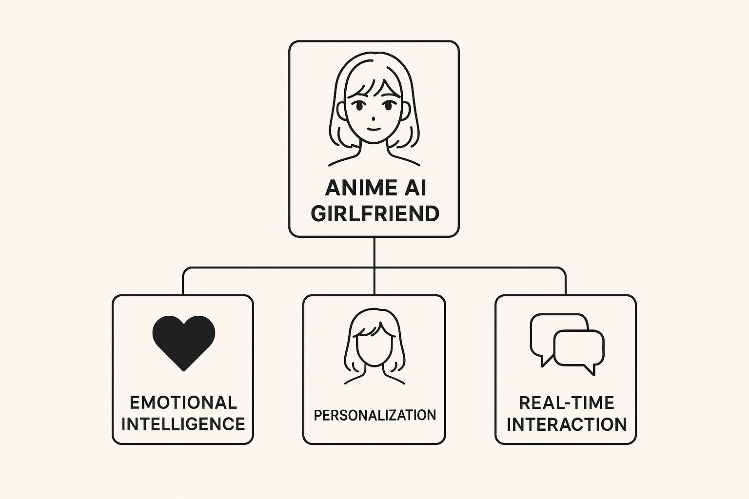 Infographic showing a central anime AI girlfriend figure branching into three key features: Emotional Intelligence, Personalization, and Real-time Interaction.