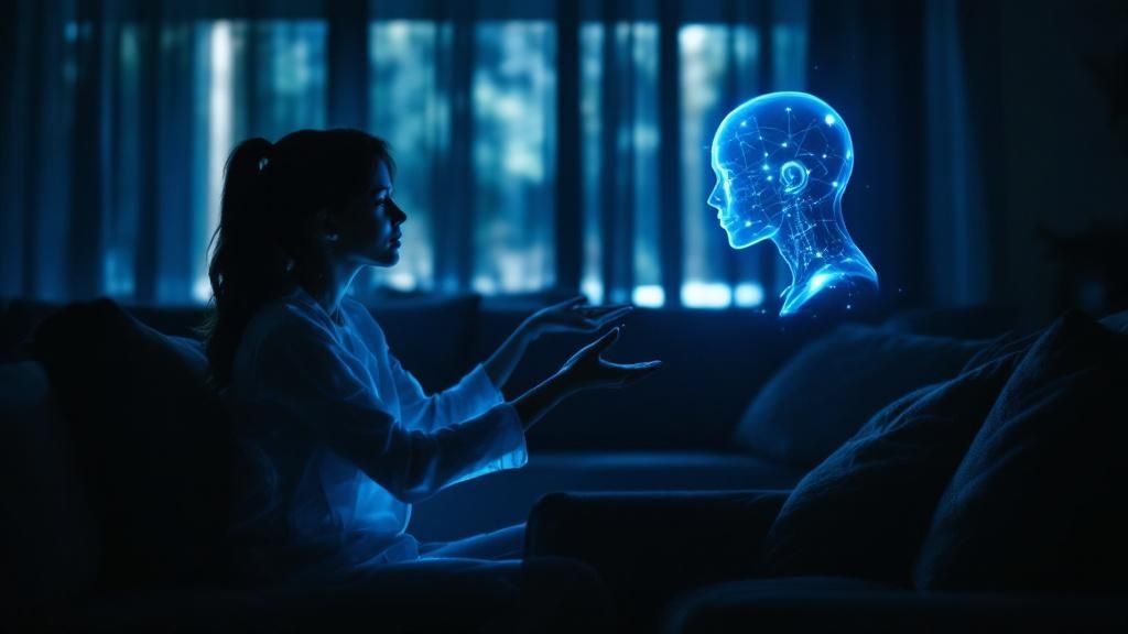 A person smiling while interacting with a virtual companion on their tablet in a cozy, modern living room.