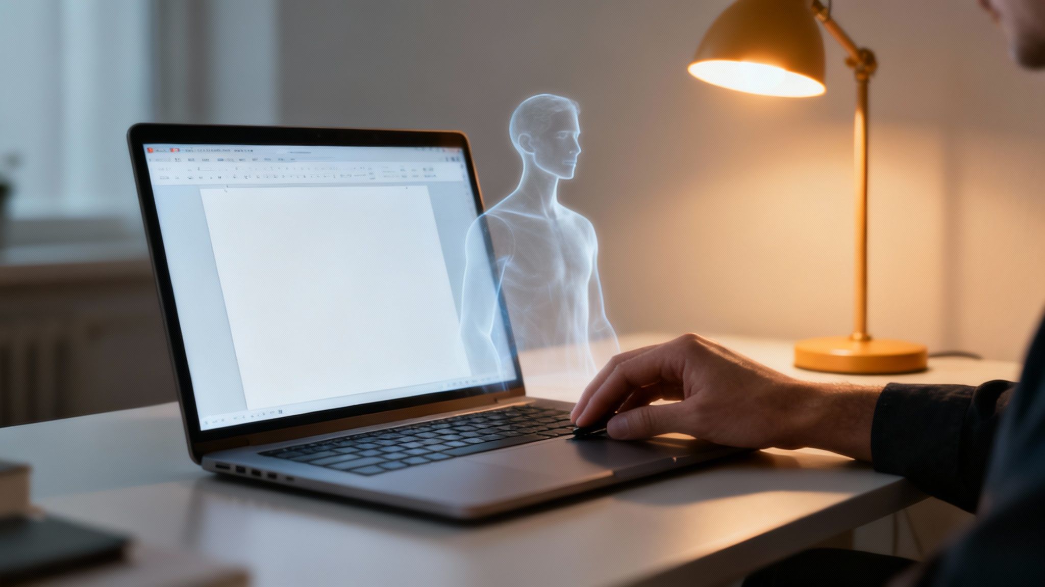 A person uses a laptop displaying a glowing holographic human figure on a desk with a lamp.