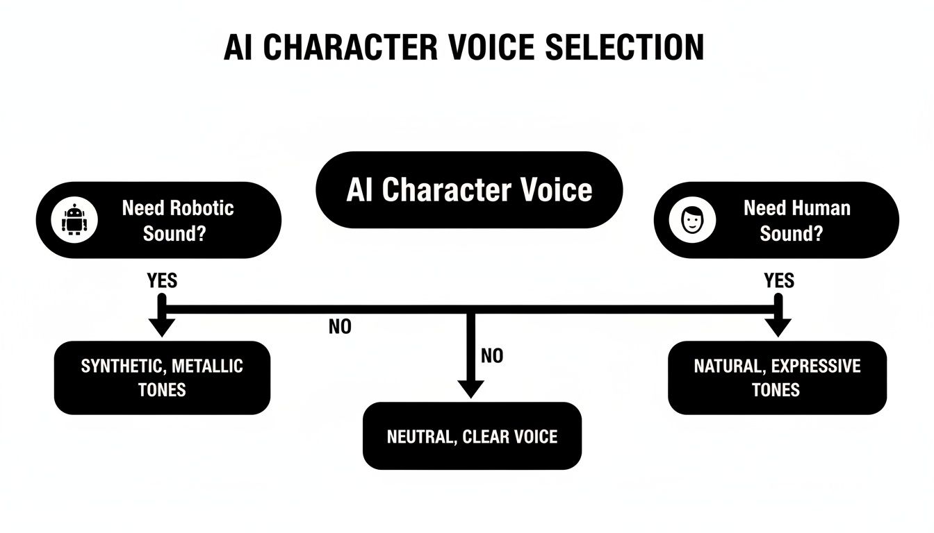 A flowchart detailing AI character voice selection, guiding choices for robotic, human, or neutral sounds.