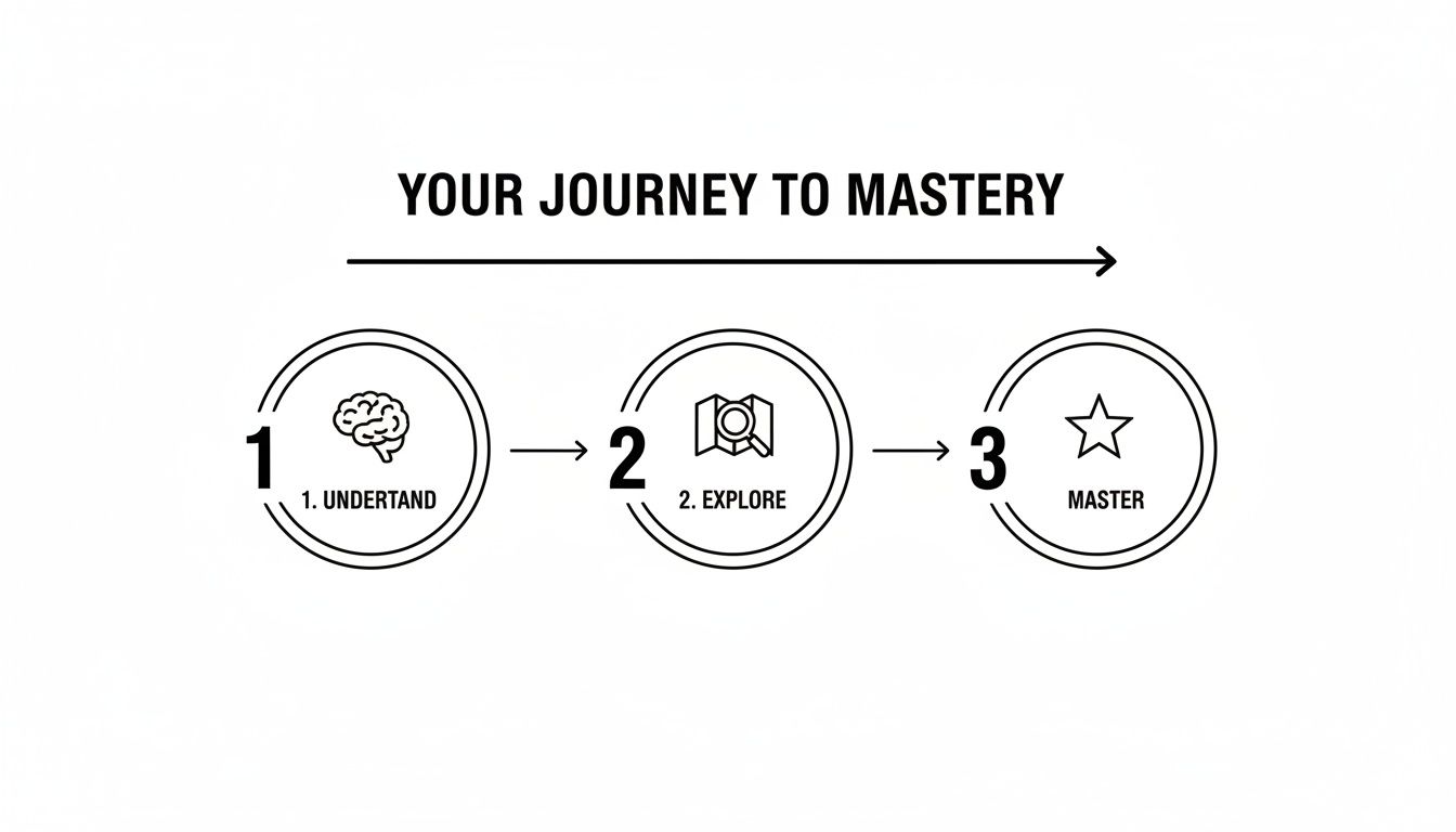 A three-step diagram illustrating the journey to mastery: understand, explore, and master.