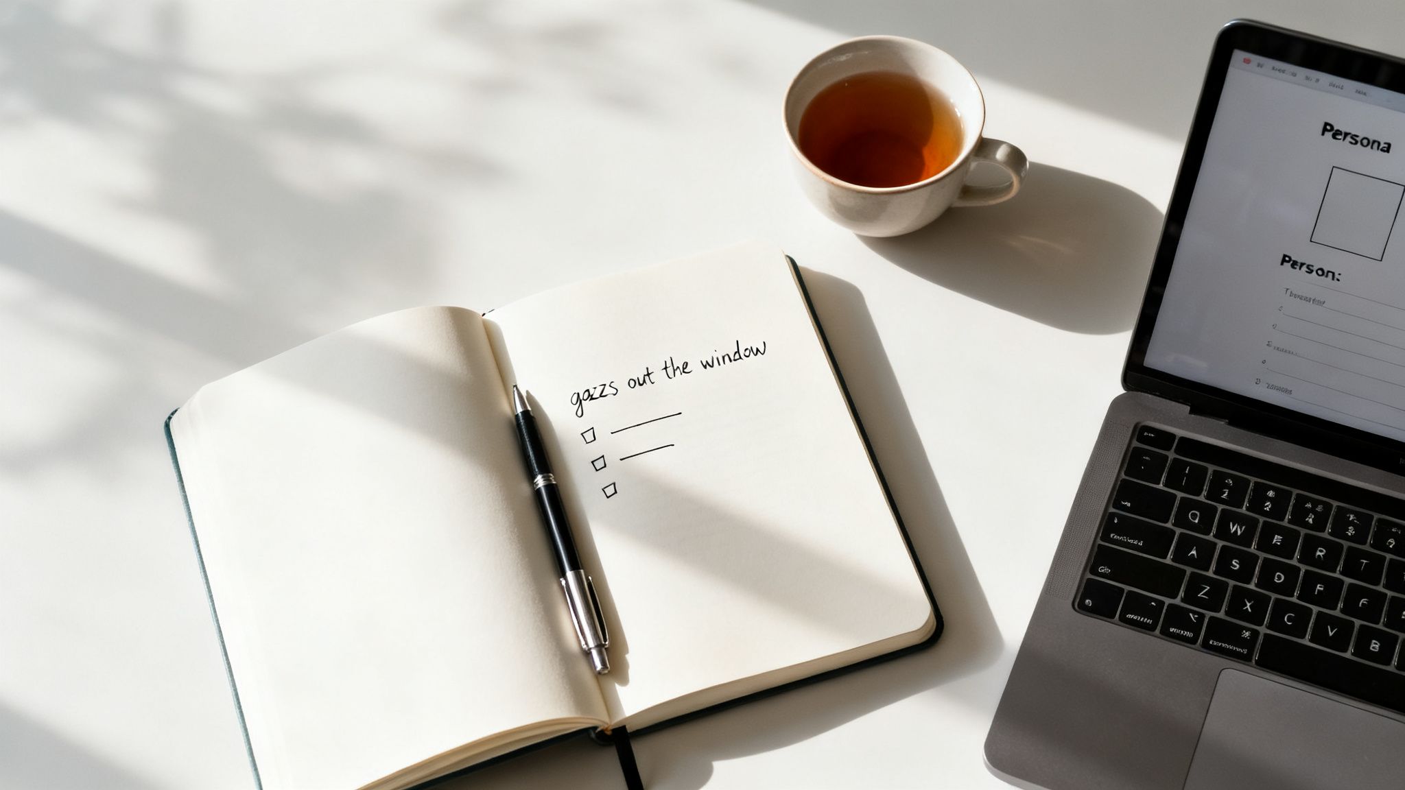 Overhead shot of a workspace with a laptop, notebook, pen, and tea cup on a white desk.