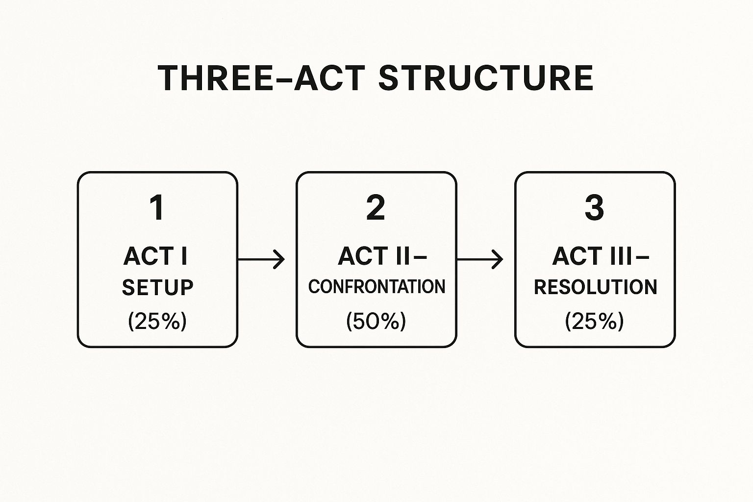Infographic showing the proportional flow of the Three-Act Structure, with Act I at 25%, Act II at 50%, and Act III at 25%.
