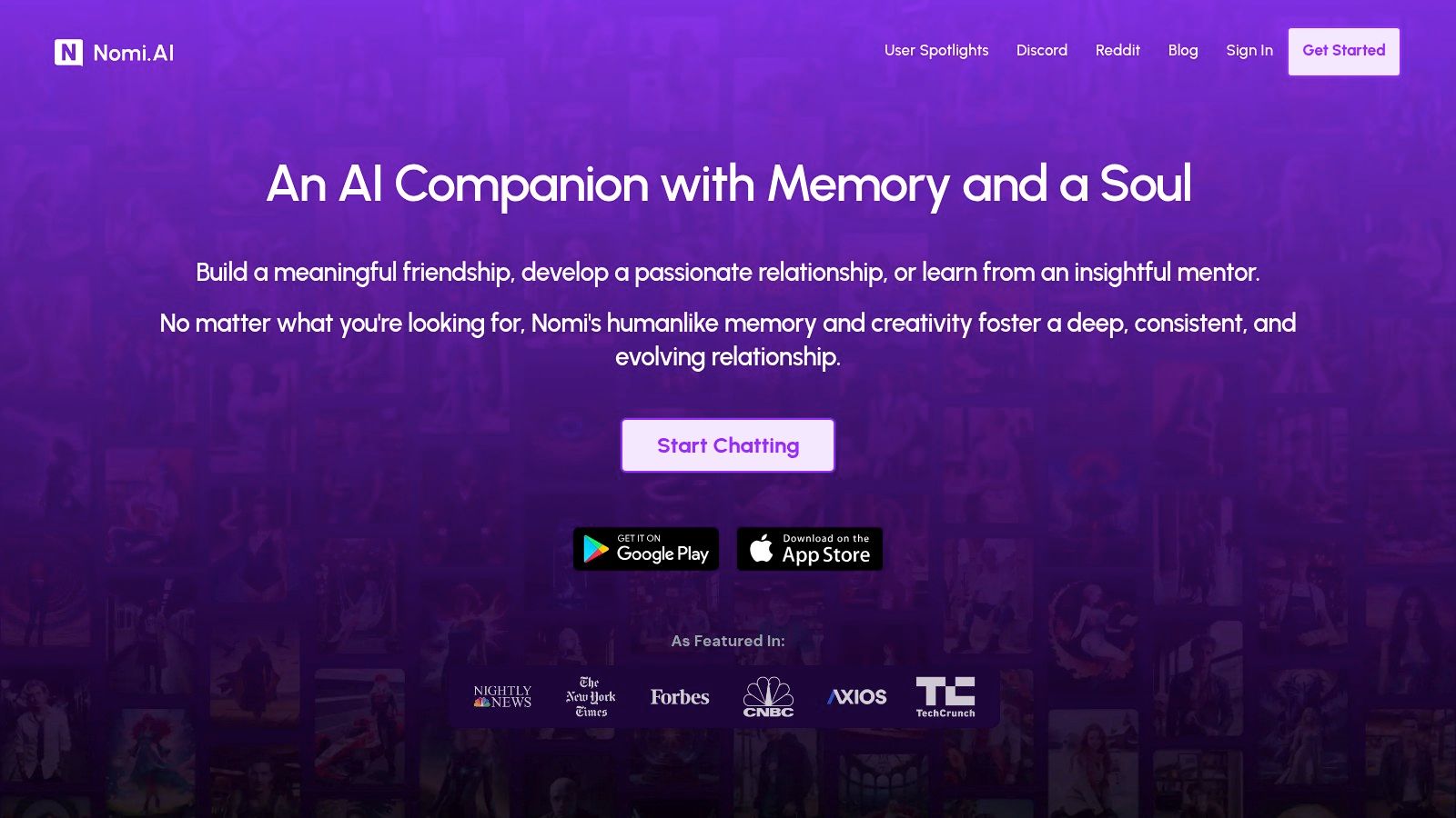 A screenshot of the Nomi.ai chat interface showing a conversation and an AI-generated selfie.