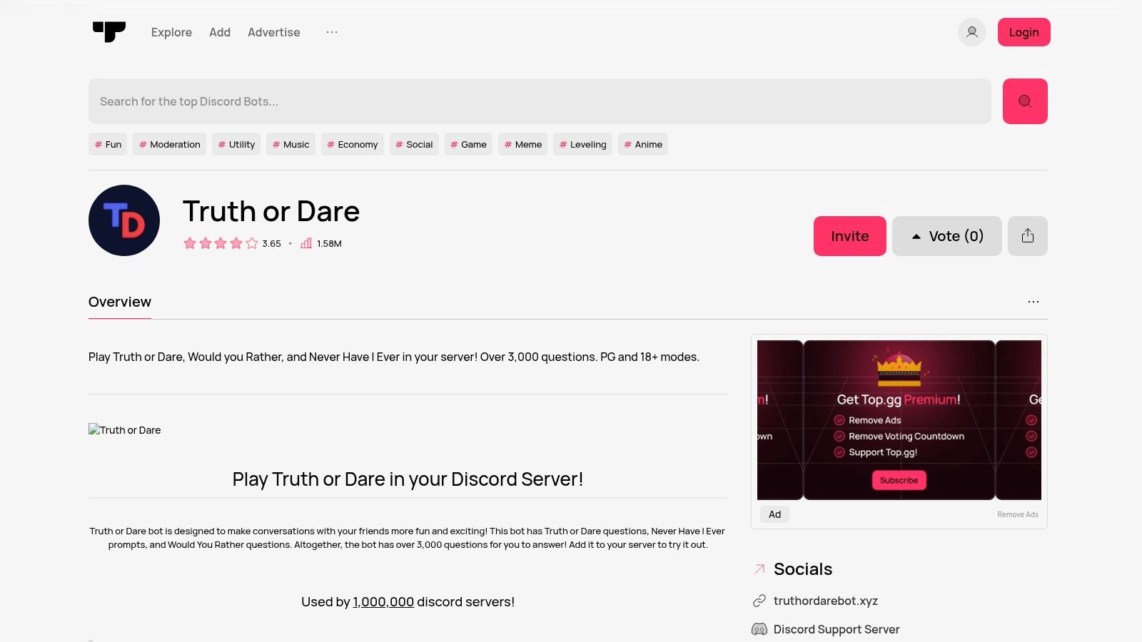Top.gg — Truth or Dare (bot listing)