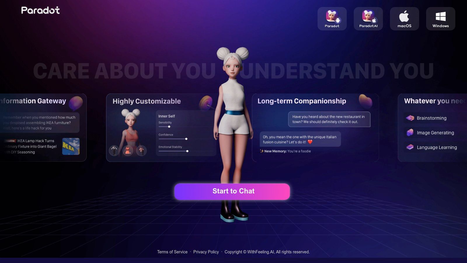 A screenshot of the Paradot interface showing an AI companion's 3D-style avatar and chat window.