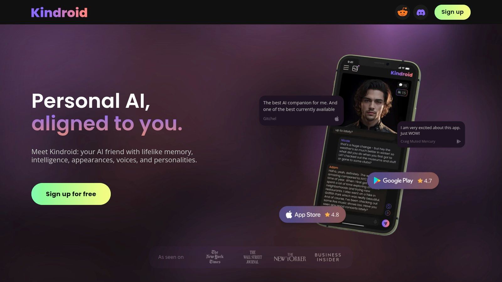 A screenshot of the Kindroid interface showing a chat with an AI boyfriend persona.