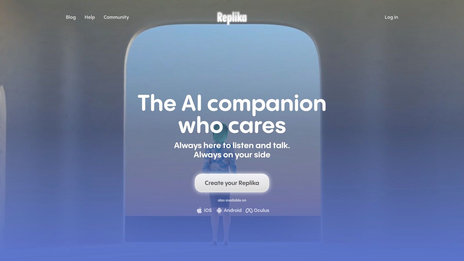 A screenshot of the Replika app interface showing an avatar and chat window.