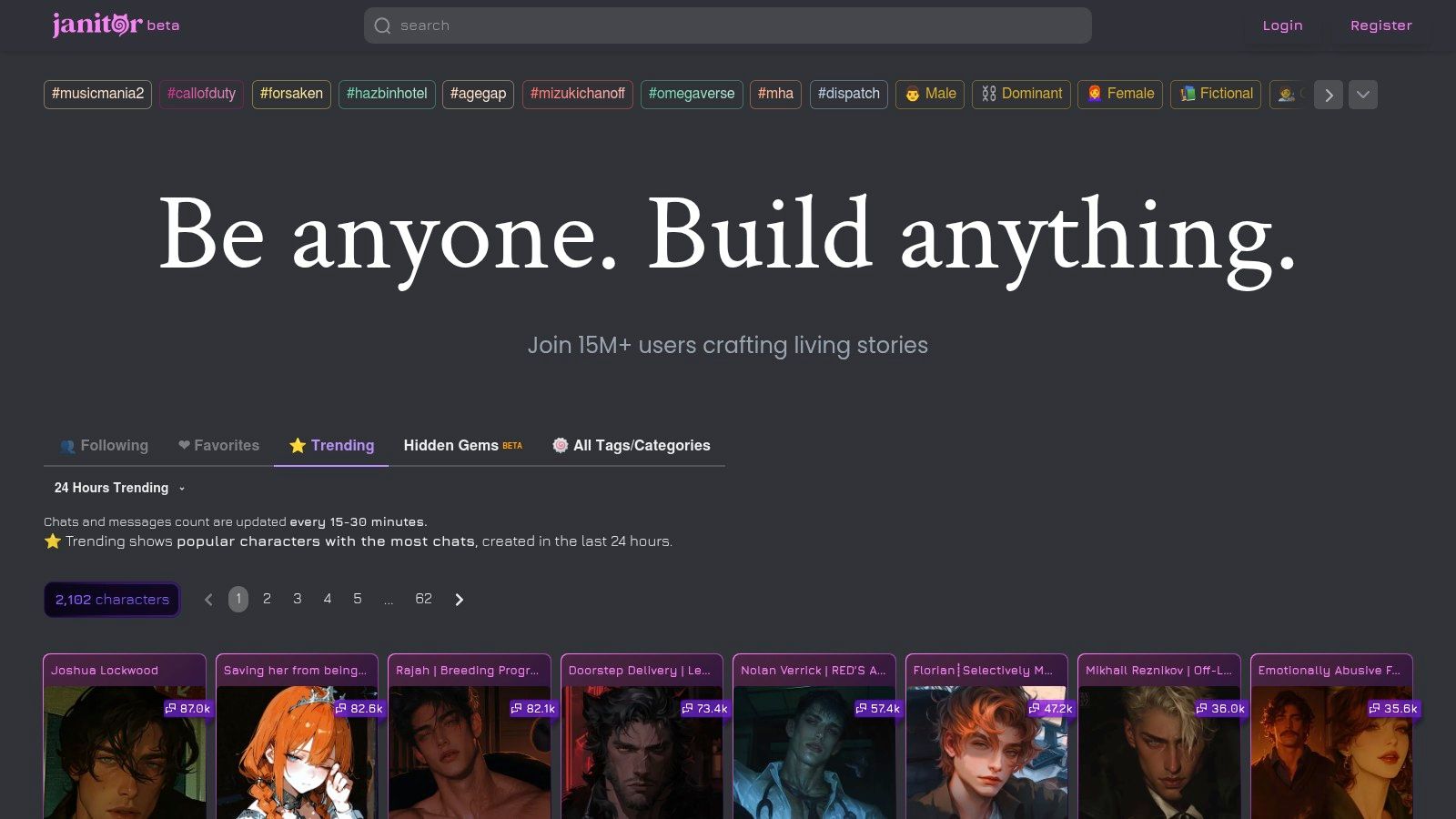 A screenshot of the Janitor AI interface showing a variety of user-created character bots.
