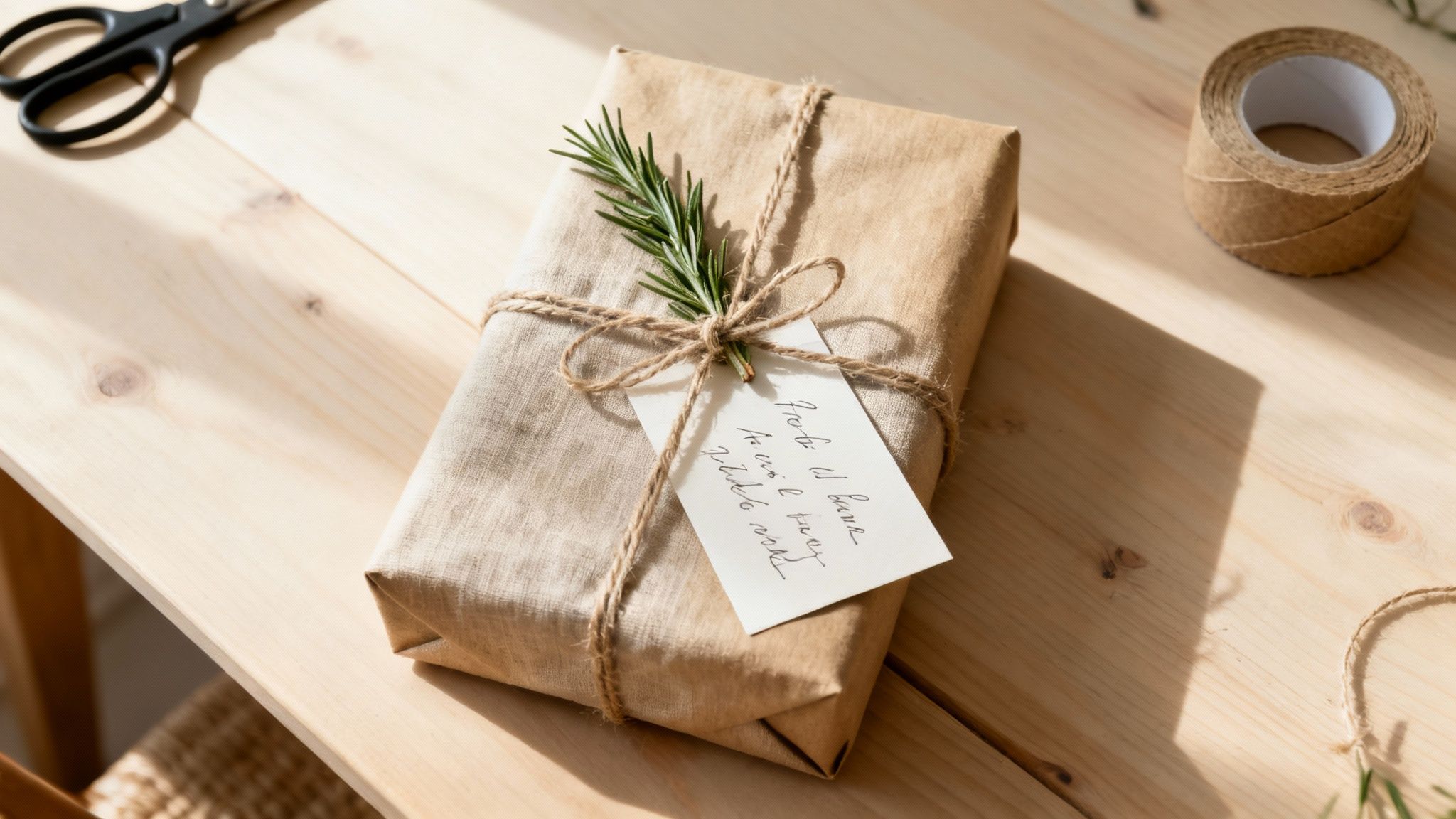 A person wrapping a Christmas gift with brown paper, twine, and a sprig of evergreen.