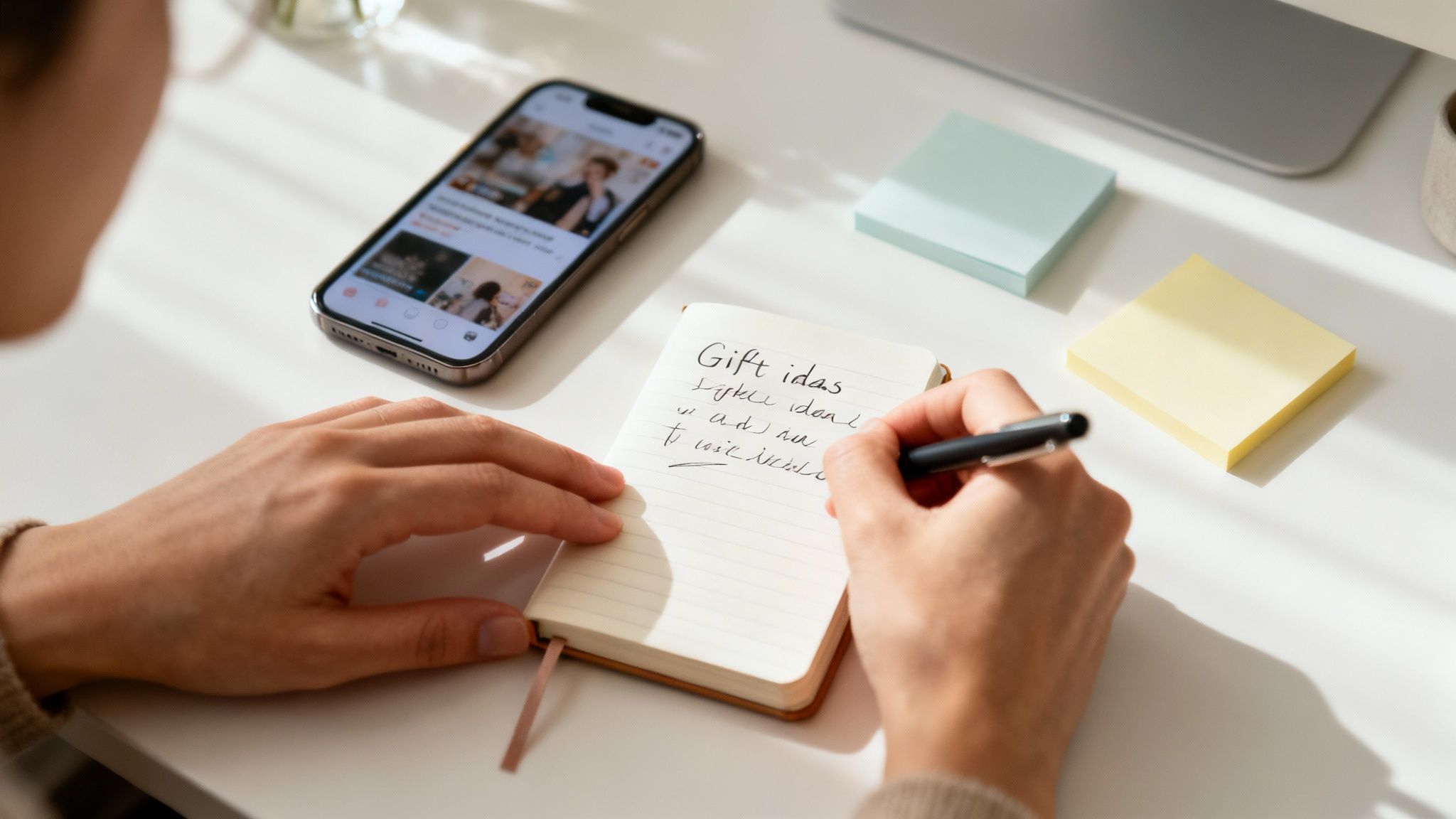 A person thoughtfully looking at a notepad with a list of names and ideas for Christmas gifts.