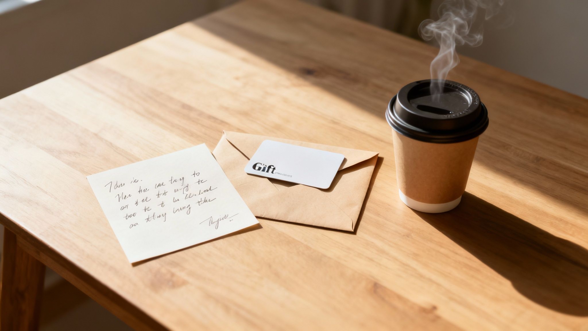 A teacher smiling warmly while looking at a student's handmade card in a bright, friendly classroom.