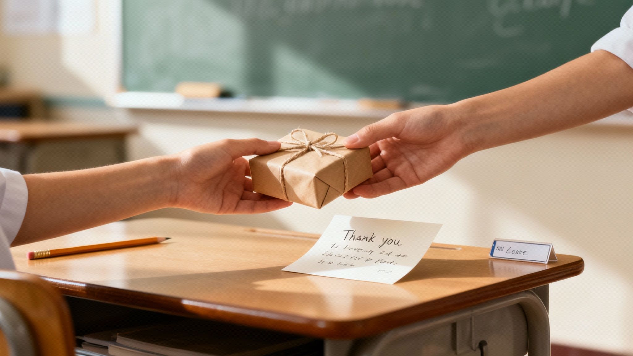 A teacher smiling while receiving a wrapped gift and a card from a student in a classroom.