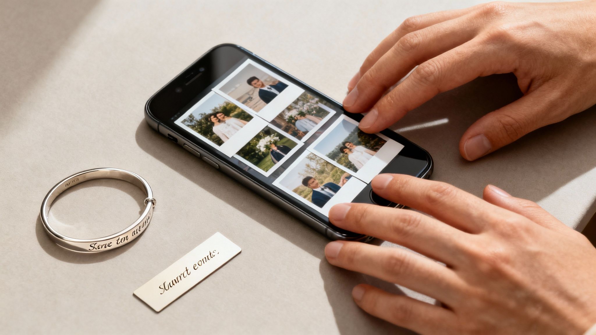 A person carefully selecting a photo on a tablet to be printed on a gift.