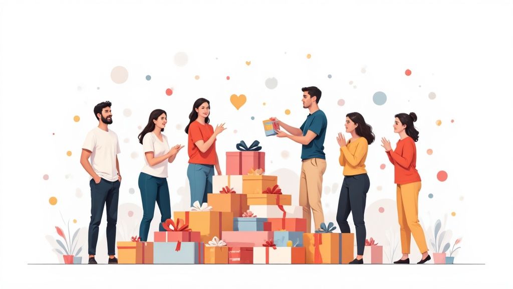 A group of friends laughing while exchanging wrapped gifts at a party.