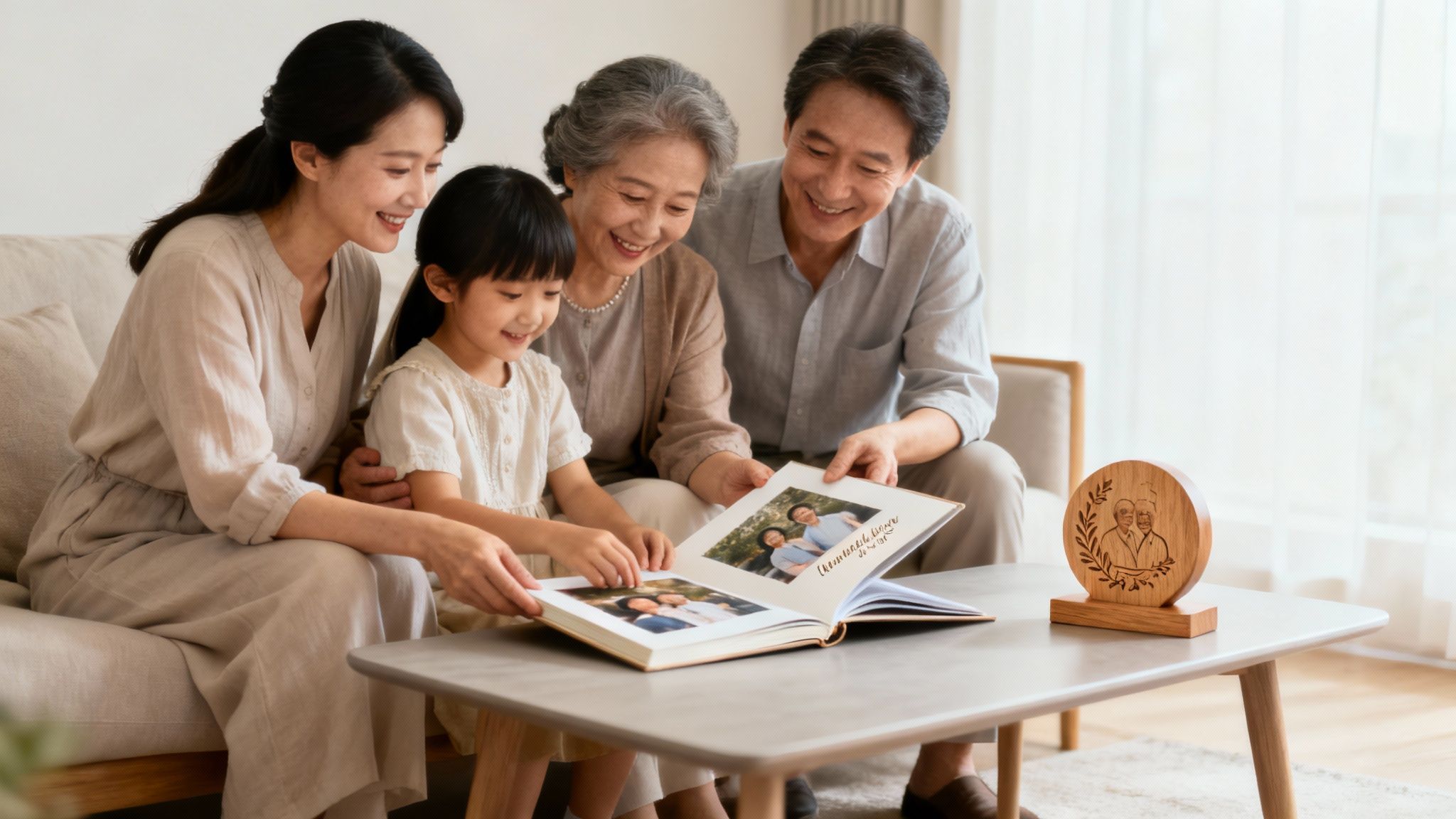 A family happily opening a personalized gift together.