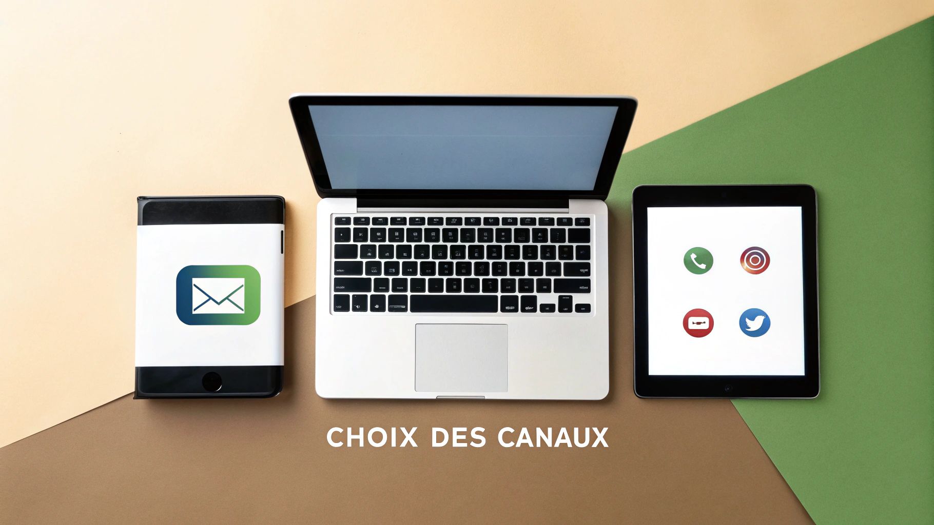 Plusieurs appareils numériques (téléphone, tablette, ordinateur) affichant des icônes de canaux marketing, symbolisant une stratégie multicanal unifiée.