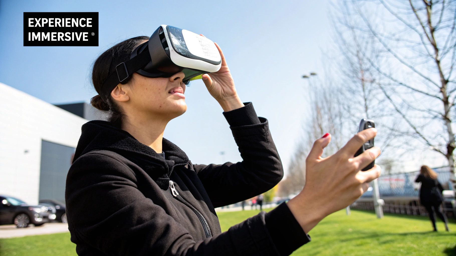 Une personne utilisant un casque VR pour interagir avec une interface futuriste dans un environnement de métaverse.
