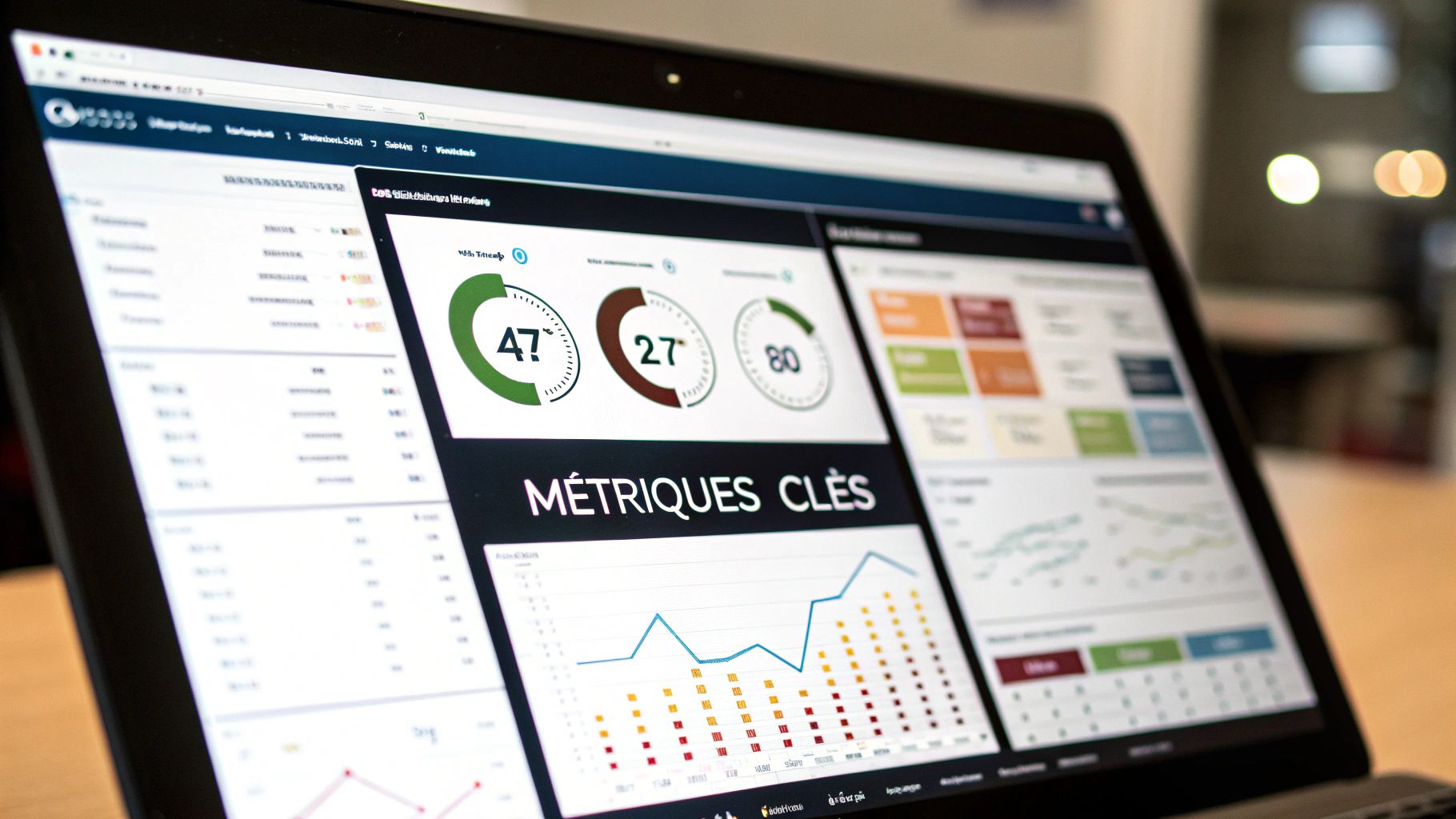 Une loupe inspectant des graphiques et des chiffres sur un écran, symbolisant la sélection minutieuse des KPIs.