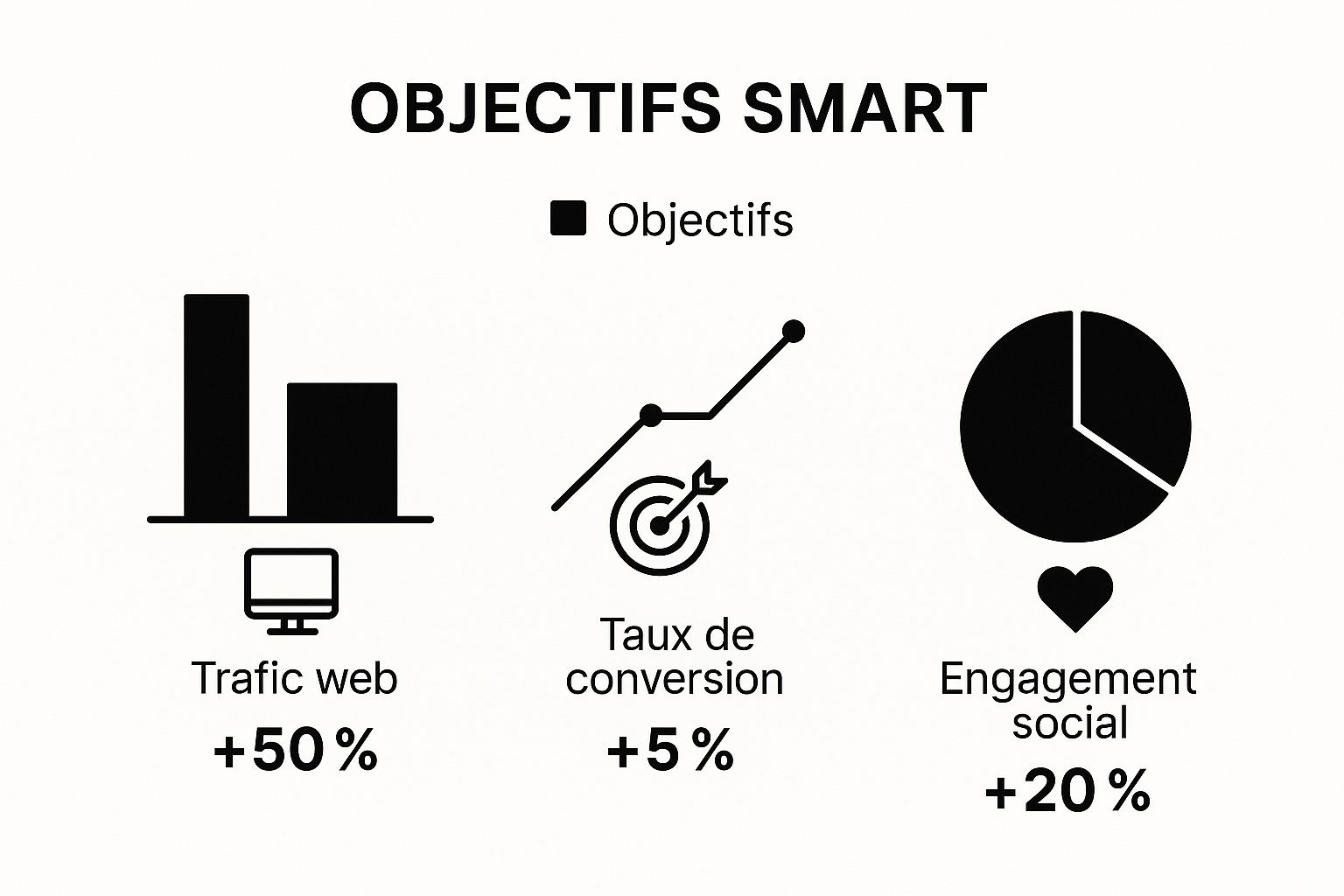 Infographie illustrant des objectifs SMART pour une stratégie marketing digitale : augmentation du trafic, du taux de conversion et de l'engagement social.