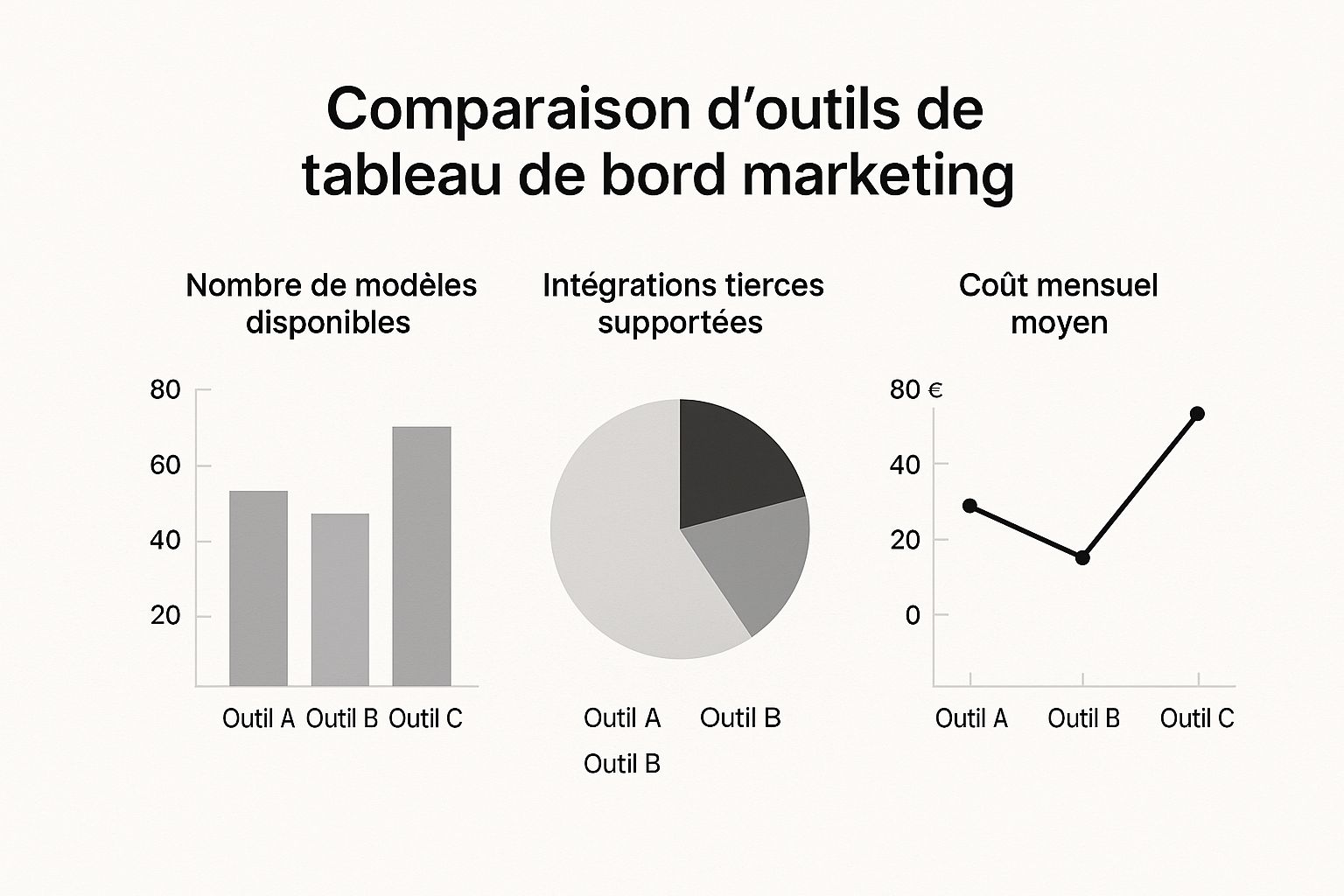 Infographie comparant trois outils de tableau de bord marketing : nombre de modèles disponibles, intégrations tierces supportées, coût mensuel moyen.