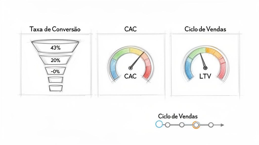 Infográfico com métricas de vendas: funil de conversão (43%, 20%), indicadores CAC e LTV, e ciclo de vendas.