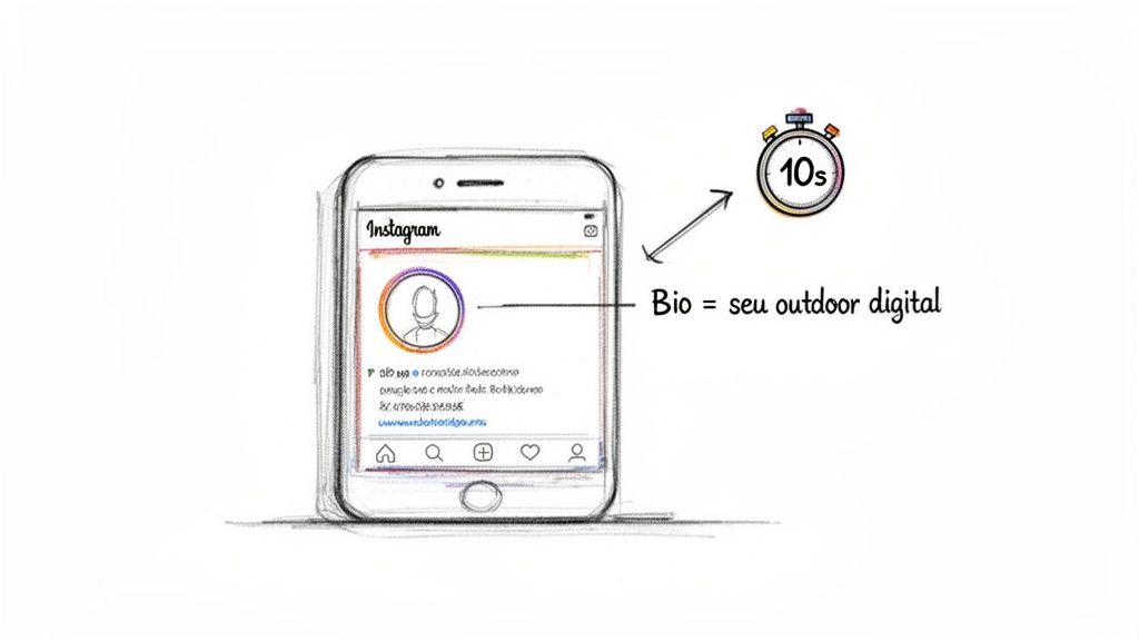 Desenho de um smartphone exibindo um perfil do Instagram, com seta apontando para a bio como 'seu outdoor digital' e um cronômetro de 10 segundos.
