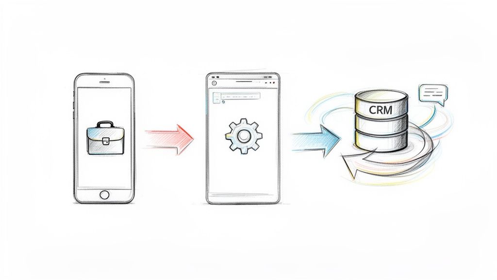 Ilustração do fluxo de dados de um aplicativo móvel (maleta) para um sistema CRM (banco de dados) através de uma engrenagem, simbolizando a integração.