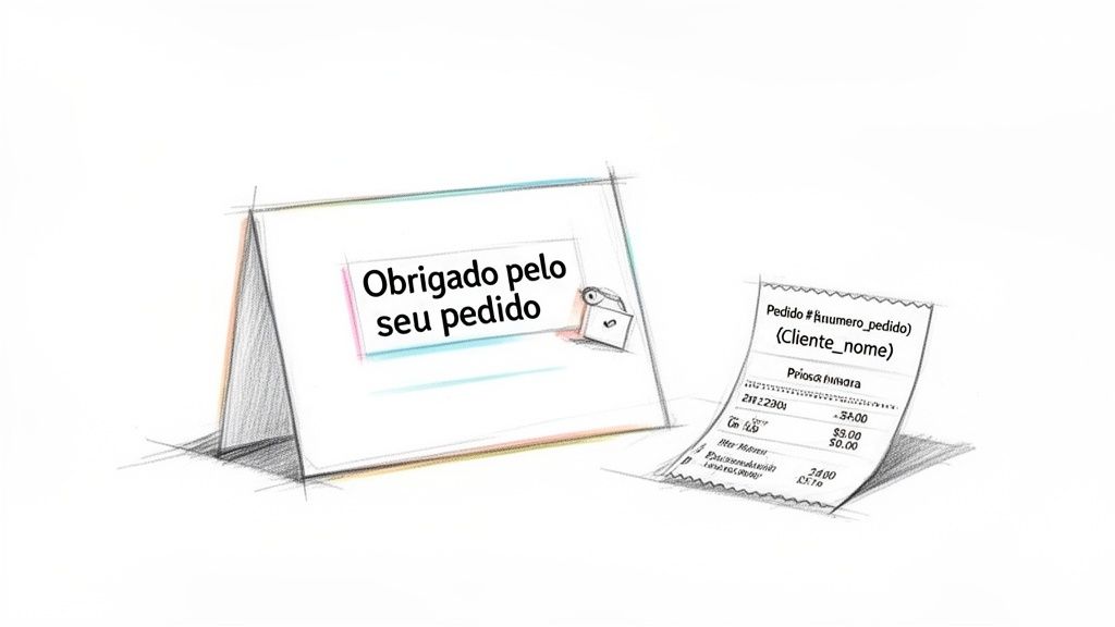 Um esboço mostra uma mensagem de agradecimento ao cliente por um pedido, com um recibo detalhado ao lado.